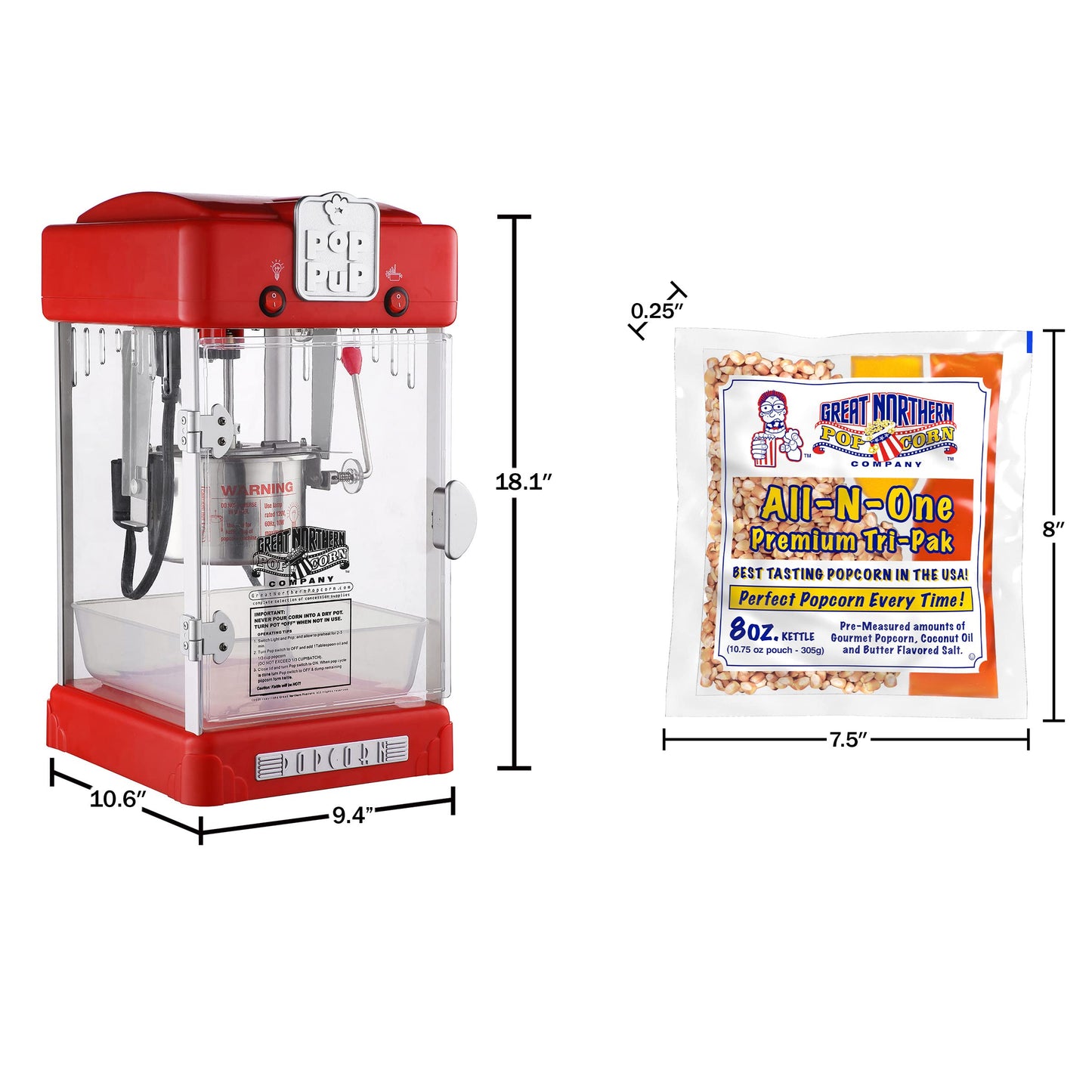 Pop Pup Popcorn Machine - 2.5-Ounce Kettle with 12-Pack Pre-Measured Popcorn Kernel Packets, Scoop, and Serving Cups by Great Northern Popcorn (Red)