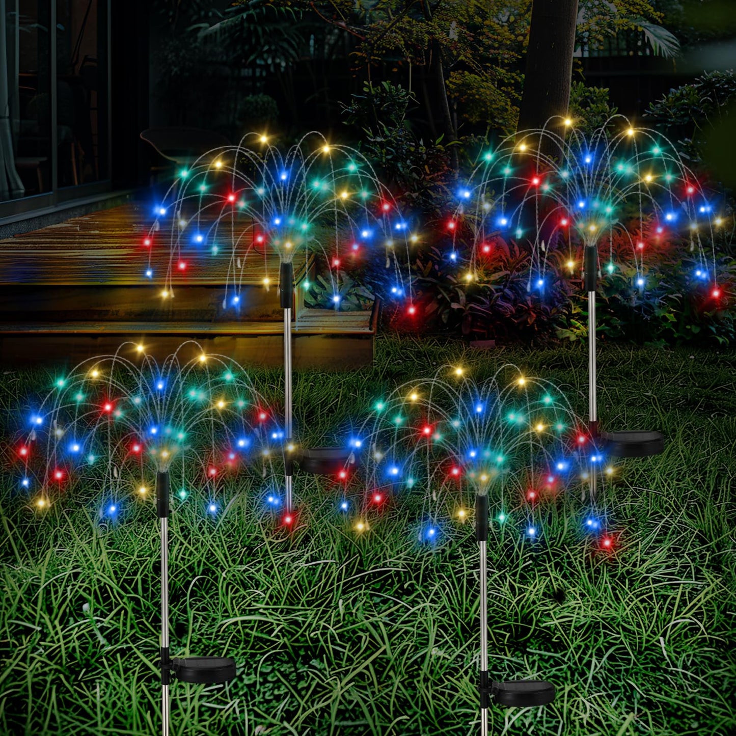 Lewondr Firework Solar Garden Lights, 120 LED Solar Firework Lights with 8 Lighting Modes, Waterproof Sparkler Starburst Solar Lights Outdoor for Yard Porch Patio Backyard Christmas Decor Gift, 4 Pack