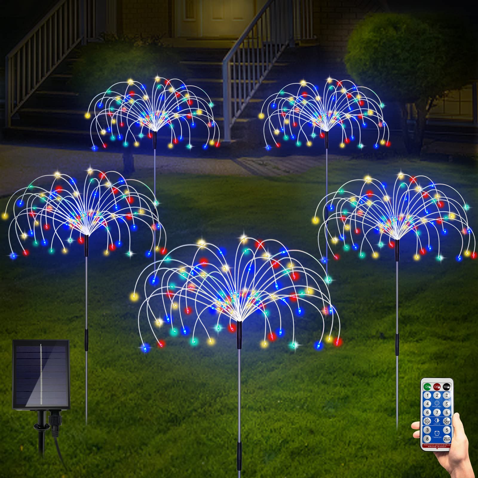 Solar Garden Lights, Outdoor Firework Lights, 5 Pack 120 LED Decorative Stake with Remote, 8 Modes DIY Landscape Light Waterproof Lamps for Walkway Pathway Backyard Lawn(Colorful)