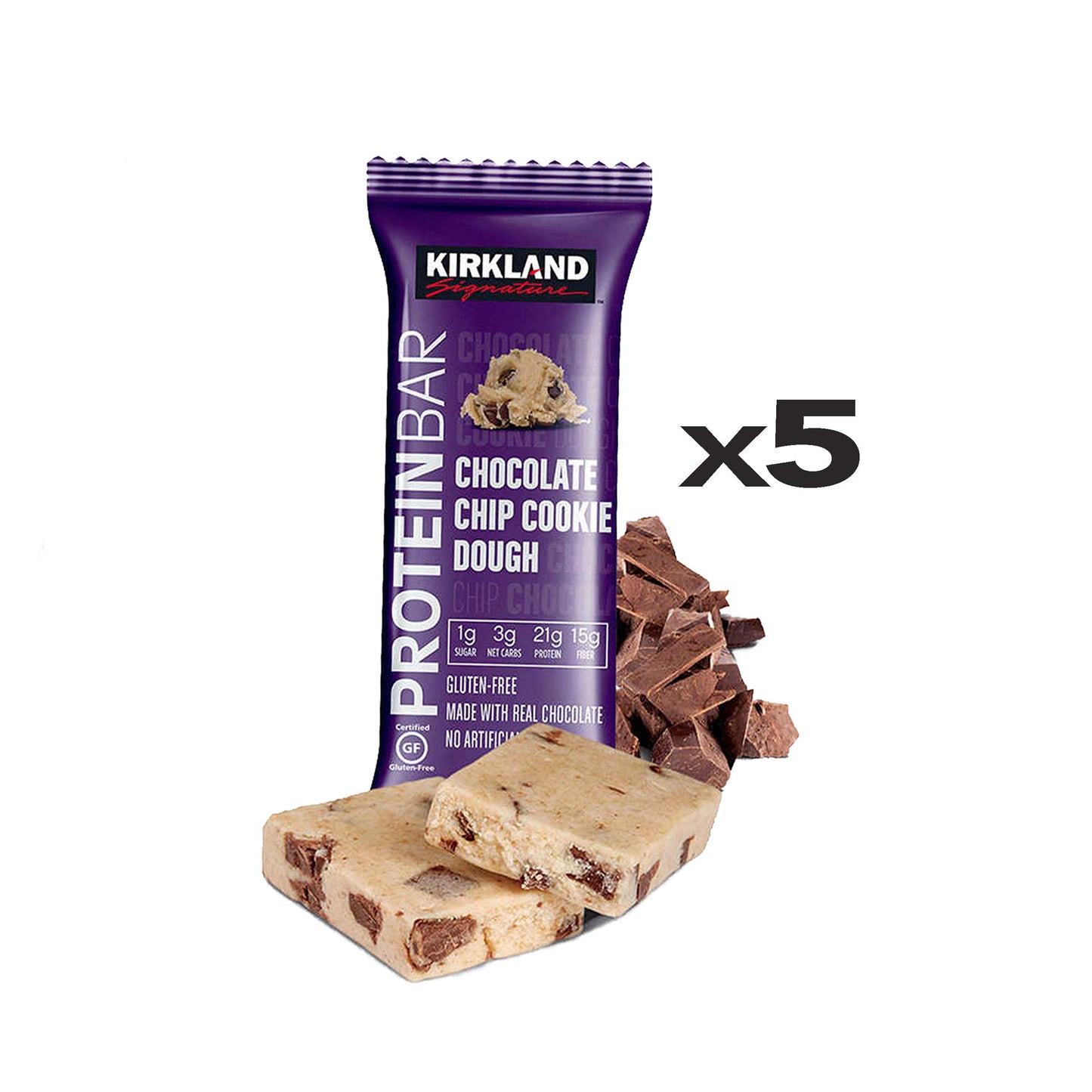 Kirkland Signature Protein Bars Variety Pack (20 Count) 5 of Each, All 4 Flavors - Chocolate Chip Cookie Dough, Chocolate Peanut Butter Chunk, Chocolate Brownie, and Cookies & Cream 2.12oz