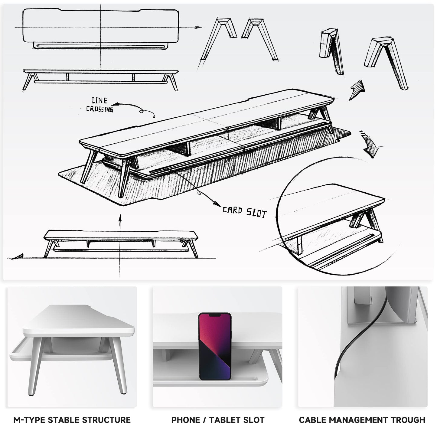 Fenge Dual Monitor Stand, Monitor Stands Riser for 2 monitors, 42.5 Inch Wood Desk Shelf with Storage Organizer and Cable Management for Office Desk Accessories