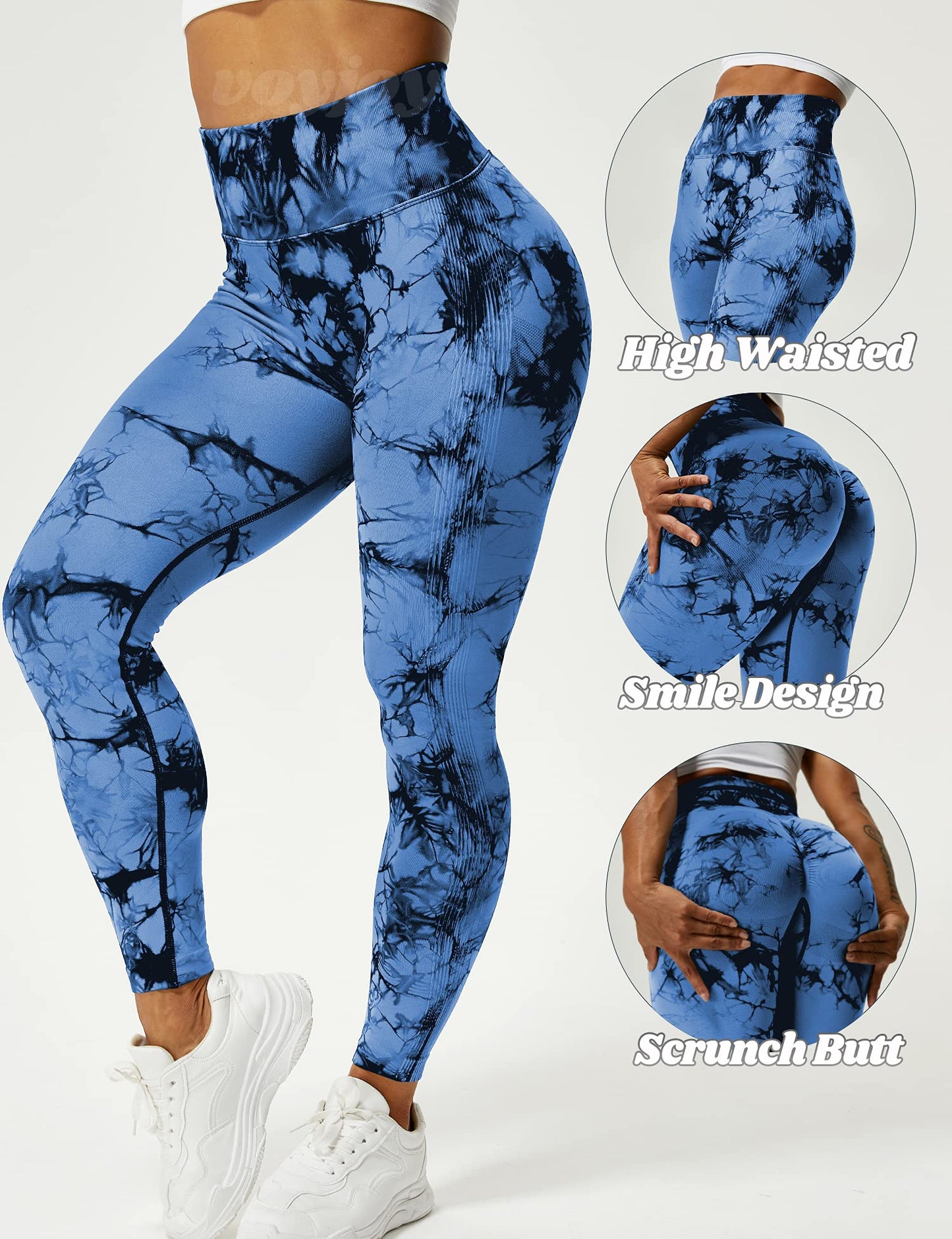 VOYJOY Tie Dye Seamless Leggings for Women High Waist Yoga Pants, Scrunch Butt Lifting Elastic Tights Deep Blue