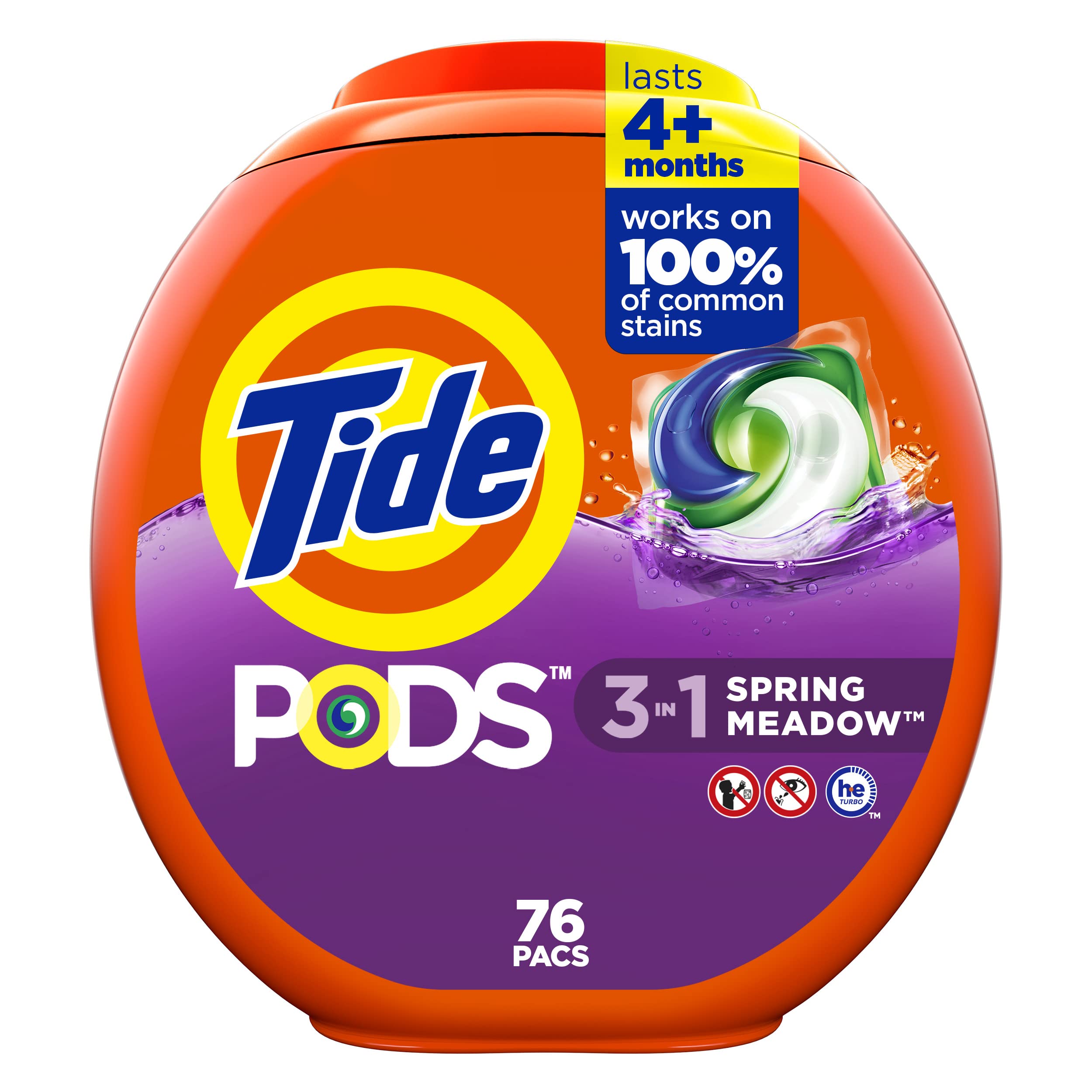 Tide PODS Liquid Laundry Detergent Soap Pacs, Powerful 3-in-1 Clean in One Step, He Compatible, Spring Meadow Scent, 76 Count