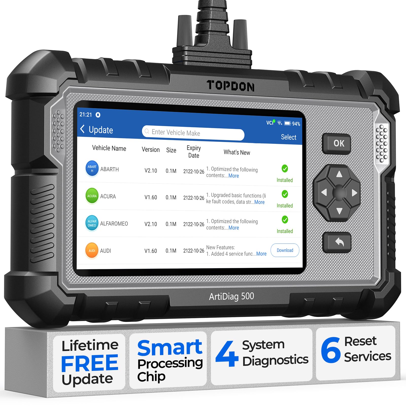 TOPDON AD500 OBD2 Scanner Car Code Reader Scan Tool, Engine ABS SRS Transmission Diagnostics Tool, Oil/Throttle/SAS/TPMS/BMS/EPB Reset Car Scanner, Free Upgrade for DIY