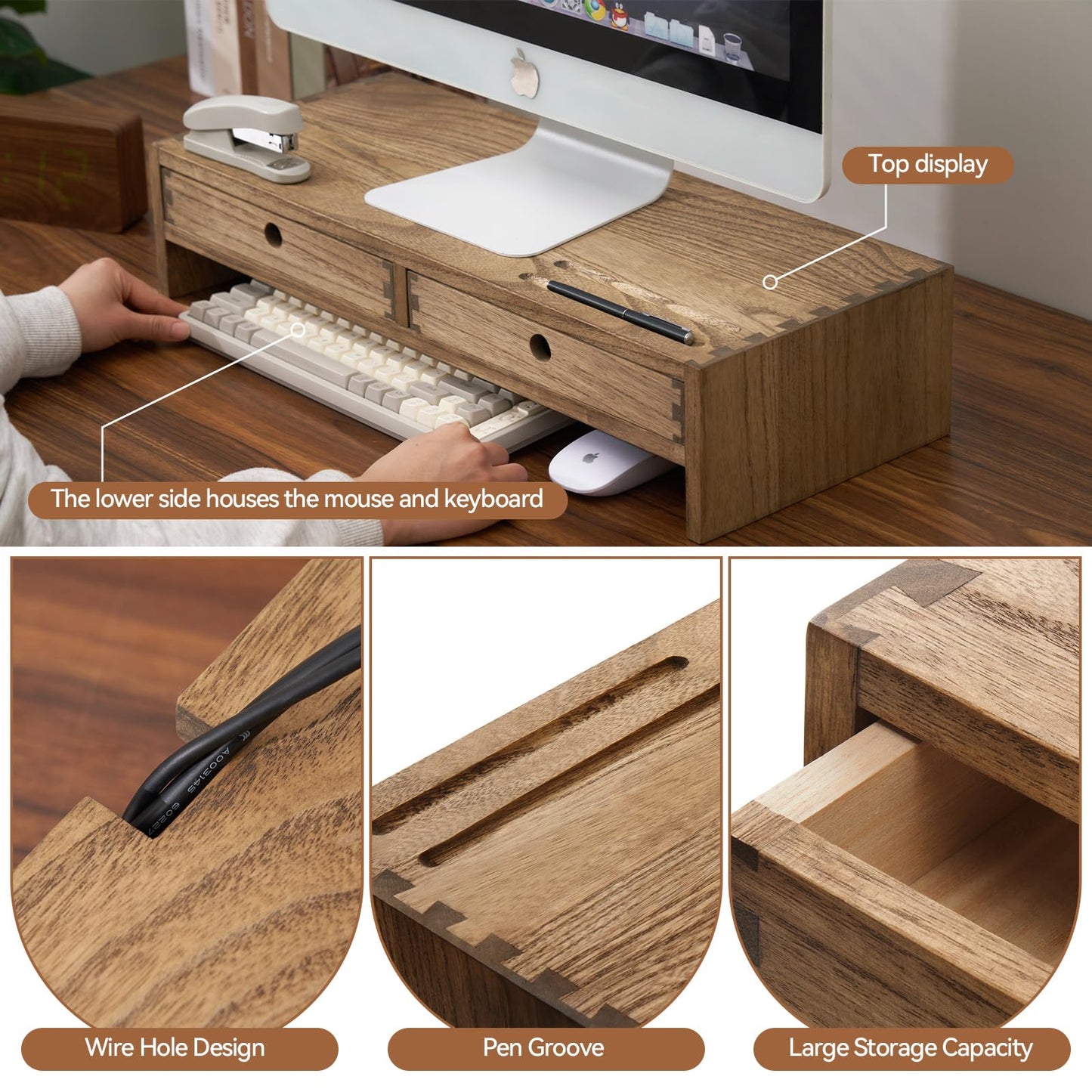 KIRIGEN Wood Monitor Stand with 2 Drawers - Computer Arm Riser Desk Storage Organizer,Speaker TV Laptop Printer Stand with Pen Slot and Cable Management,Dark Brown Desktop Shelf for Office DBR-2PMJ