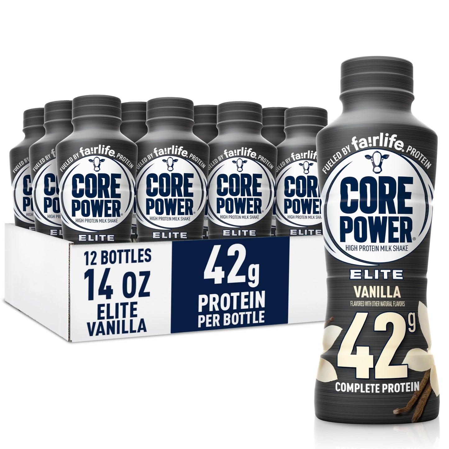 Core Power Fairlife Elite 42g High Protein Milk Shake Bottle, Ready To Drink for Workout Recovery, kosher, Liquid, Vanilla, 14 Fl Oz (Pack of 12)