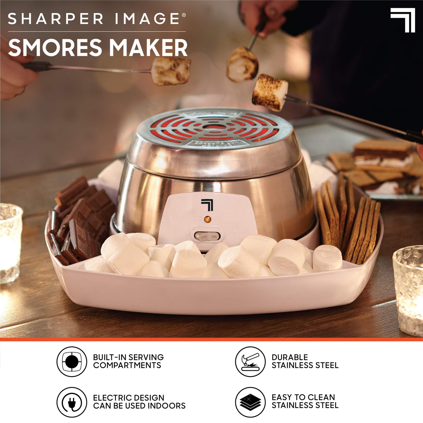 SHARPER IMAGE Electric Tabletop S'mores Maker for Indoors, 6-Piece Set, Includes 4 Skewers & 4 Serving Compartments, Easy Cleaning & Storage, Tabletop Marshmallow Roaster, Family Fun For Kids Adults