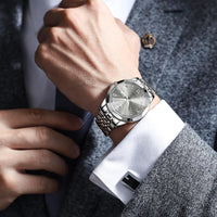 OLEVS Mens Watches Grey Watch for Men Silver Watches Luxury Men Stainless Steel Watches Waterproof Analog Quartz Large Dial Mens Wrist Watches Date Day Dress Reloj de Hombre Roman Numerals