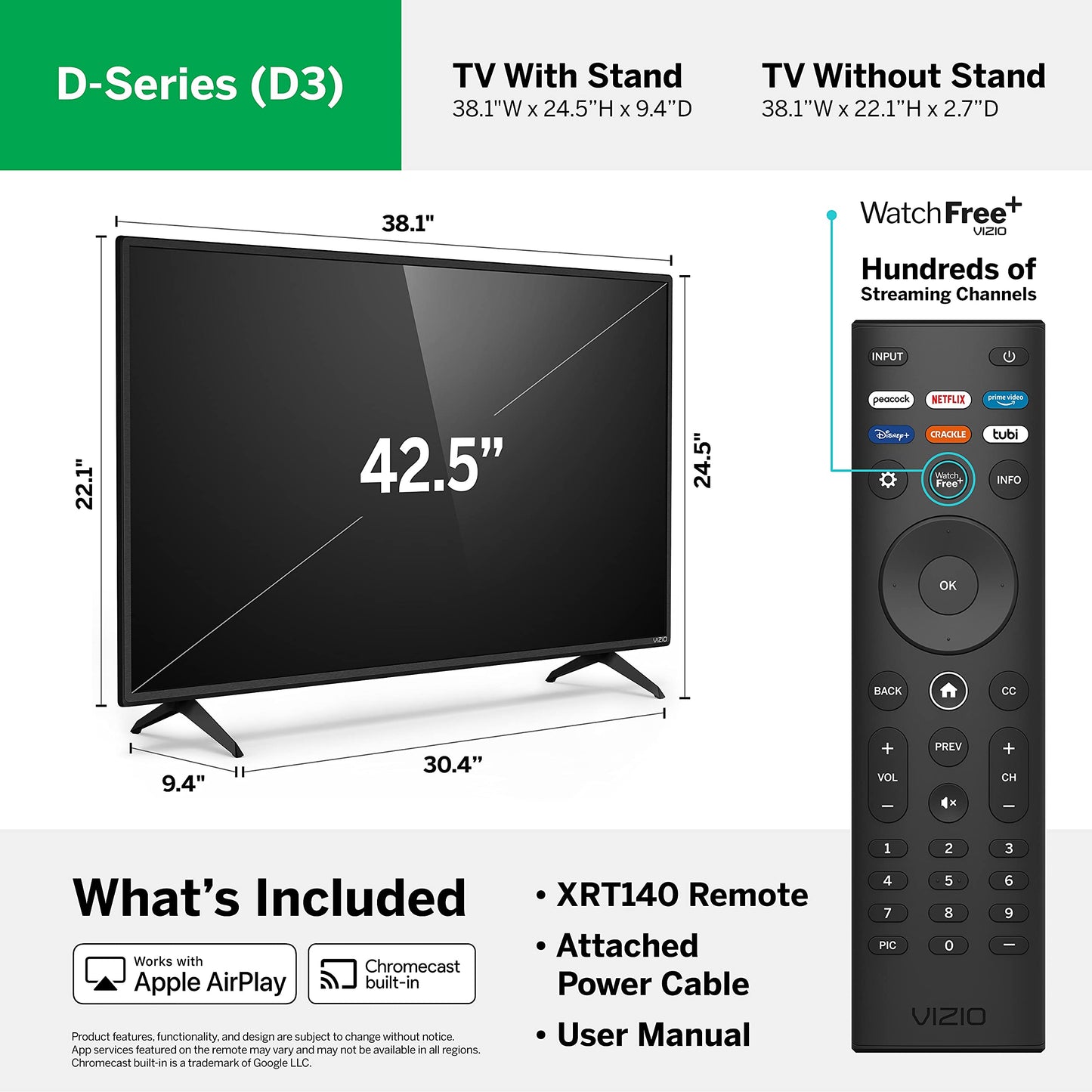 VIZIO 43-inch D-Series Full HD 1080p Smart TV with Apple AirPlay and Chromecast Built-in, TV Only (Renewed)