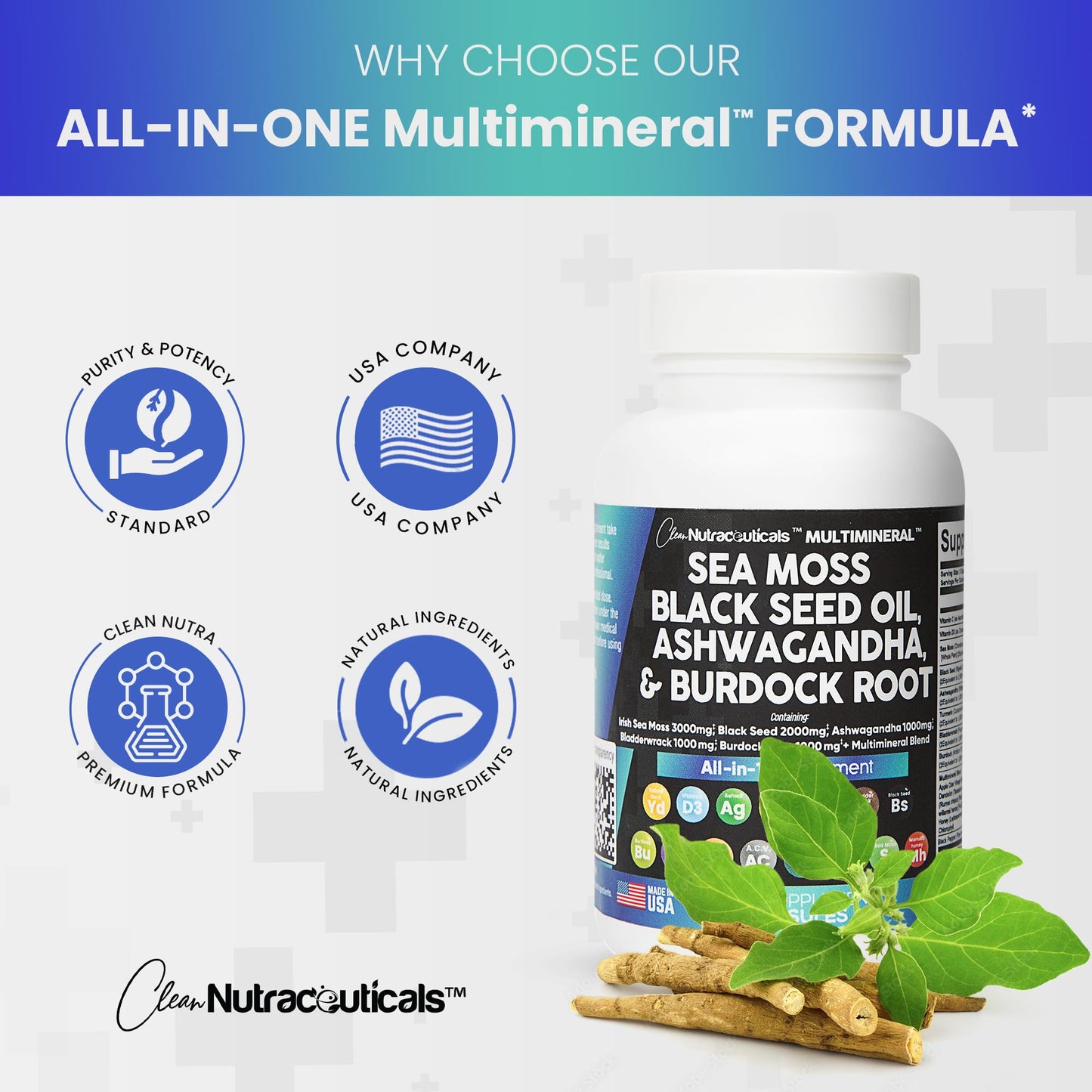 Clean Nutra Sea Moss, Black Seed Oil, Ashwagandha & Burdock Root