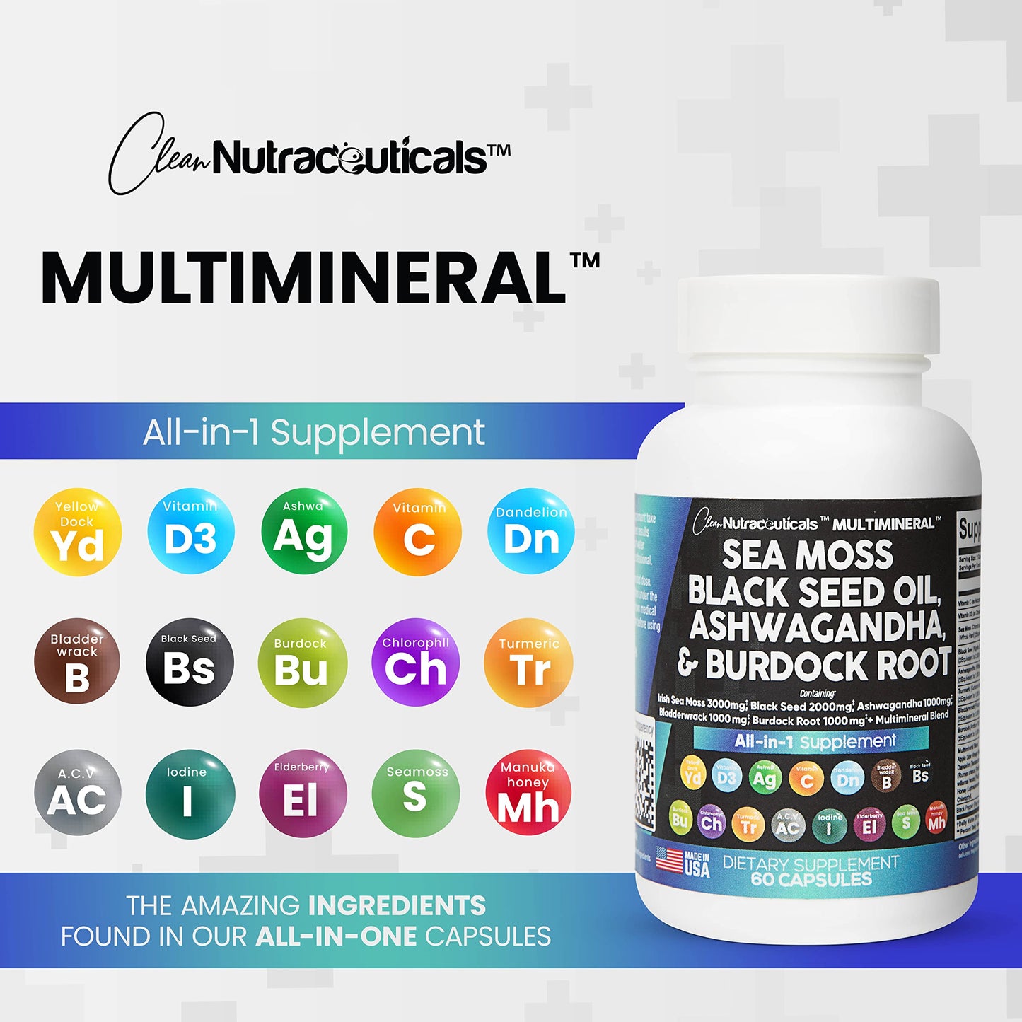 Clean Nutraceuticals Sea Moss, Black Seed Oil, Ashwagandha & Burdock Root