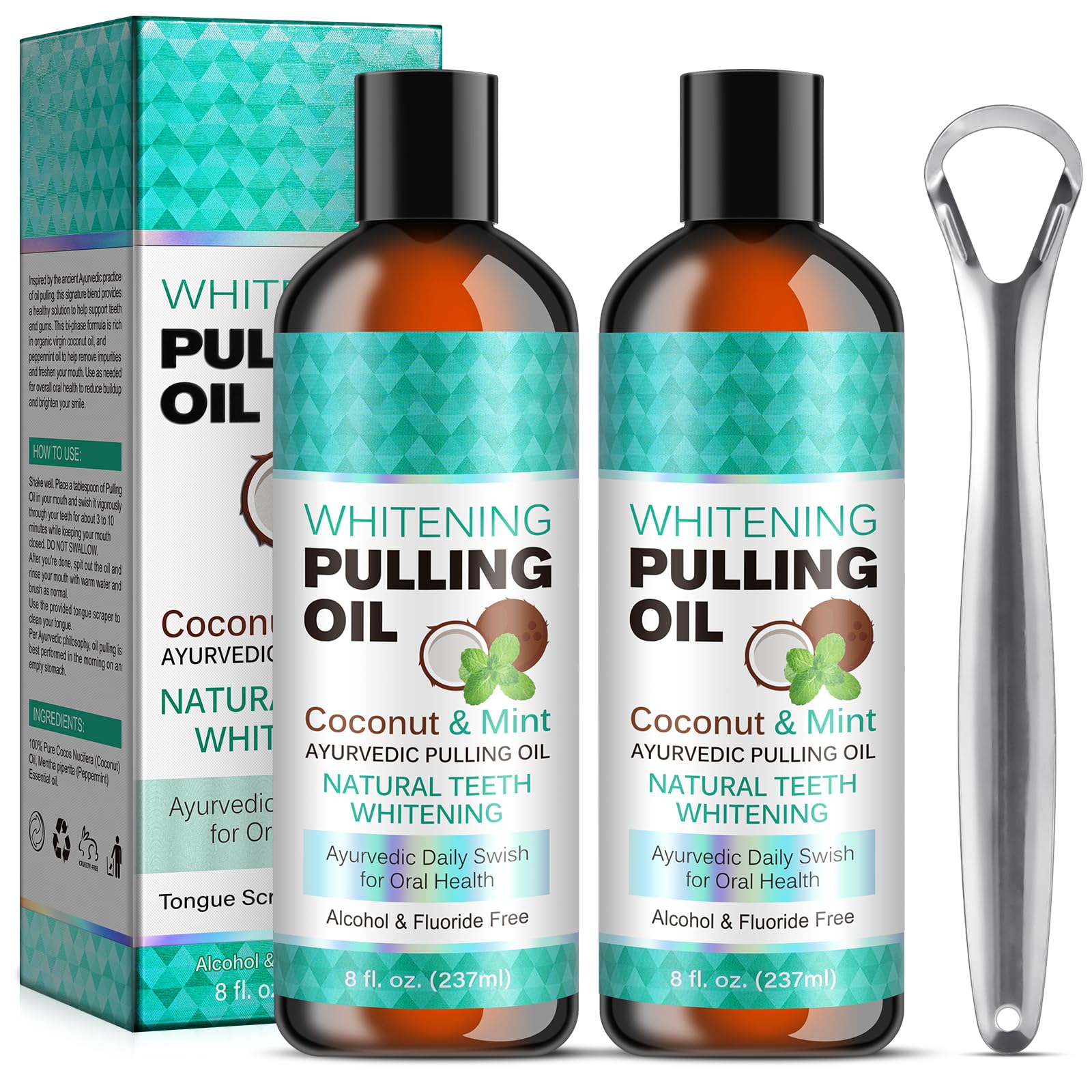 Coconut Oil Pulling for Fresh Breath and Oral Hygiene - Ayurvedic Expert Formulated | Supports Healthy Gums | Natural Teeth Whitening - Includes Tongue Scraper and Measuring Cup - 16 fl. oz