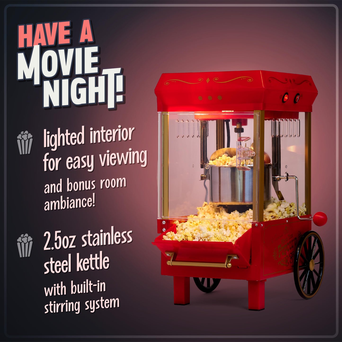 Nostalgia Popcorn Maker Machine - Professional Tabletop With 2.5 Oz Kettle Makes Up to 10 Cups - Vintage Popcorn Machine Movie Theater Style - Red