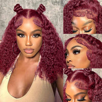 Jessica Hair 99J Burgundy Short Curly Bob Lace Front Wigs Human Hair 13x4 180% Density HD Lace Frontal Wigs Curly Wigs for Women Red Deep Wigs Pre Plucked with Baby Hair(16 inch)