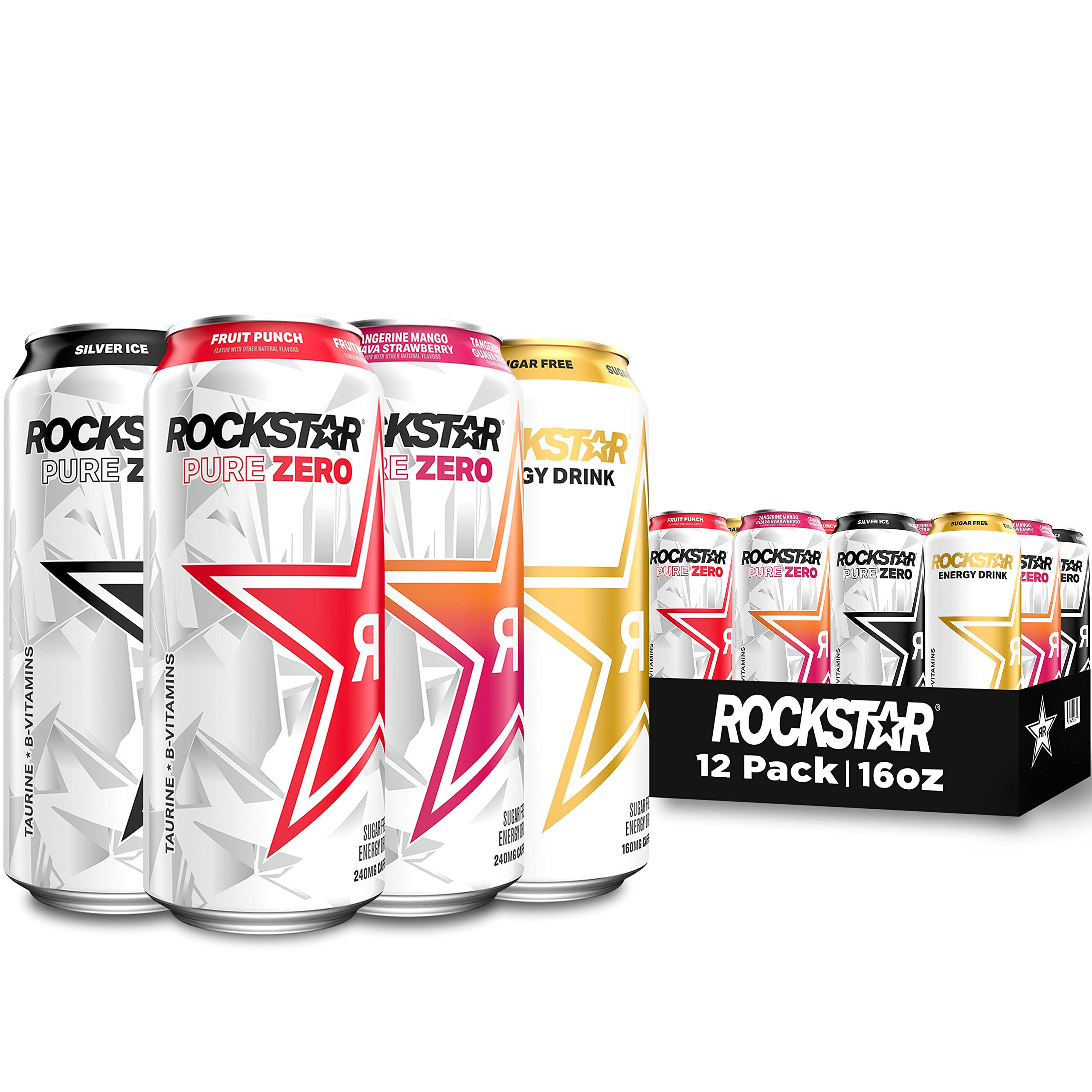 Rockstar Pure Zero Energy Drink,4 Flavor Pure Zero Variety Pack, 0 Sugar, with Caffeine and Taurine, 16oz Cans (12 Pack) (Packaging May Vary)