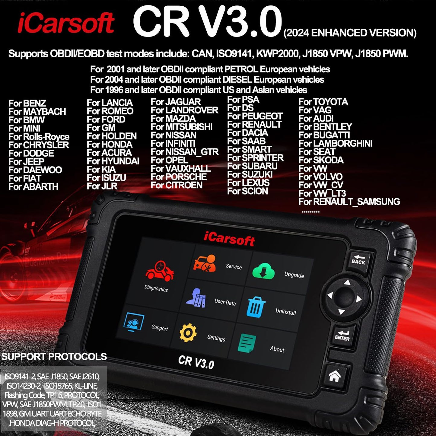 OBD2 Scanner Diagnostic Tool, iCarsoft CR V3.0 Bidirectional Vehicle Scan Tool Full ECU Diagnosis, Active Test, All System, 23+ Resets/Relearn; Code Readers Scan Tool, Auto VIN, (2024 NEW)-Free Update