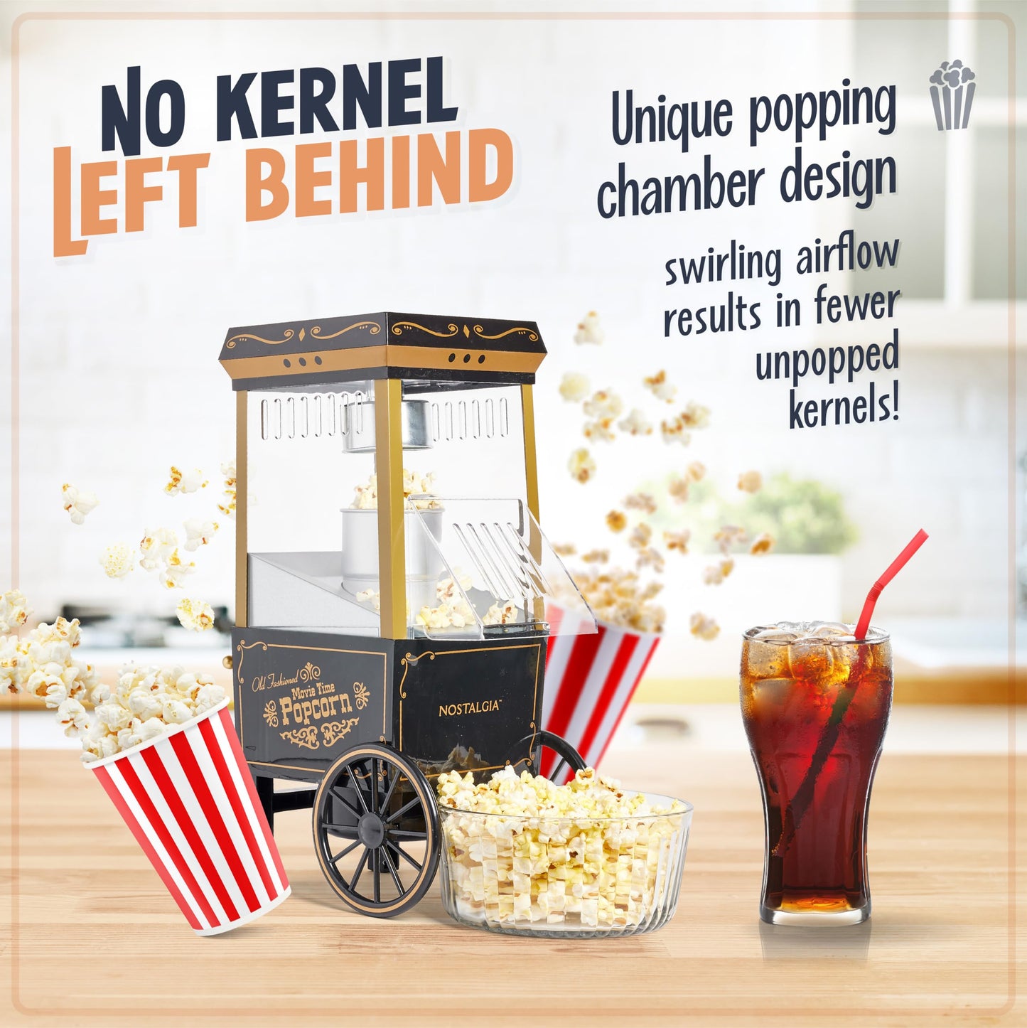Nostalgia Old-Fashioned Hot Air Popcorn Paker, 12 Cup Vintage Tabletop Popcorn Machine with Measuring Cap for Home, Parties, Movie Night, and Kids, 12 Cup, Black