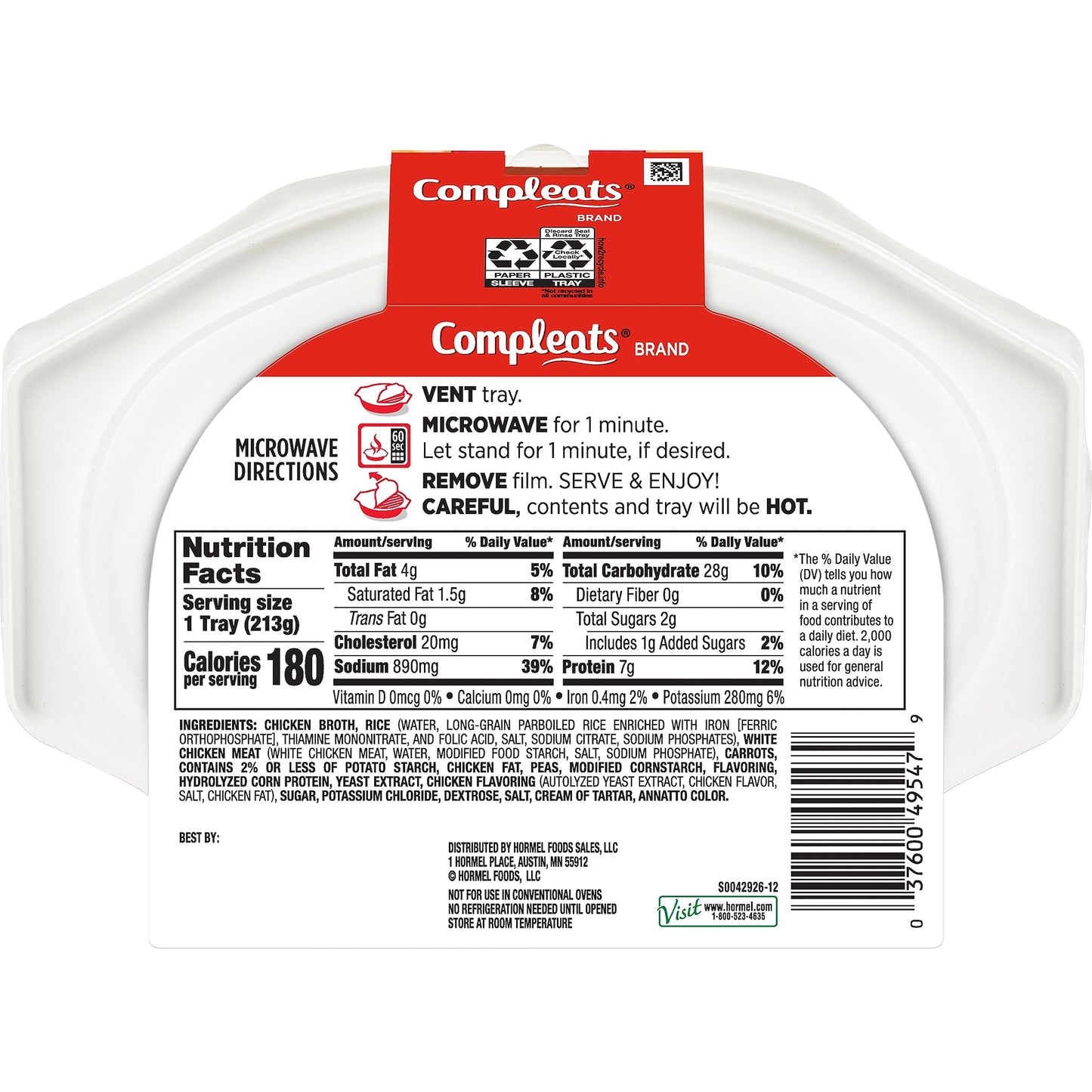 HORMEL COMPLEATS Rice & Chicken Microwave Tray, 7.5 Ounces (Pack of 7)