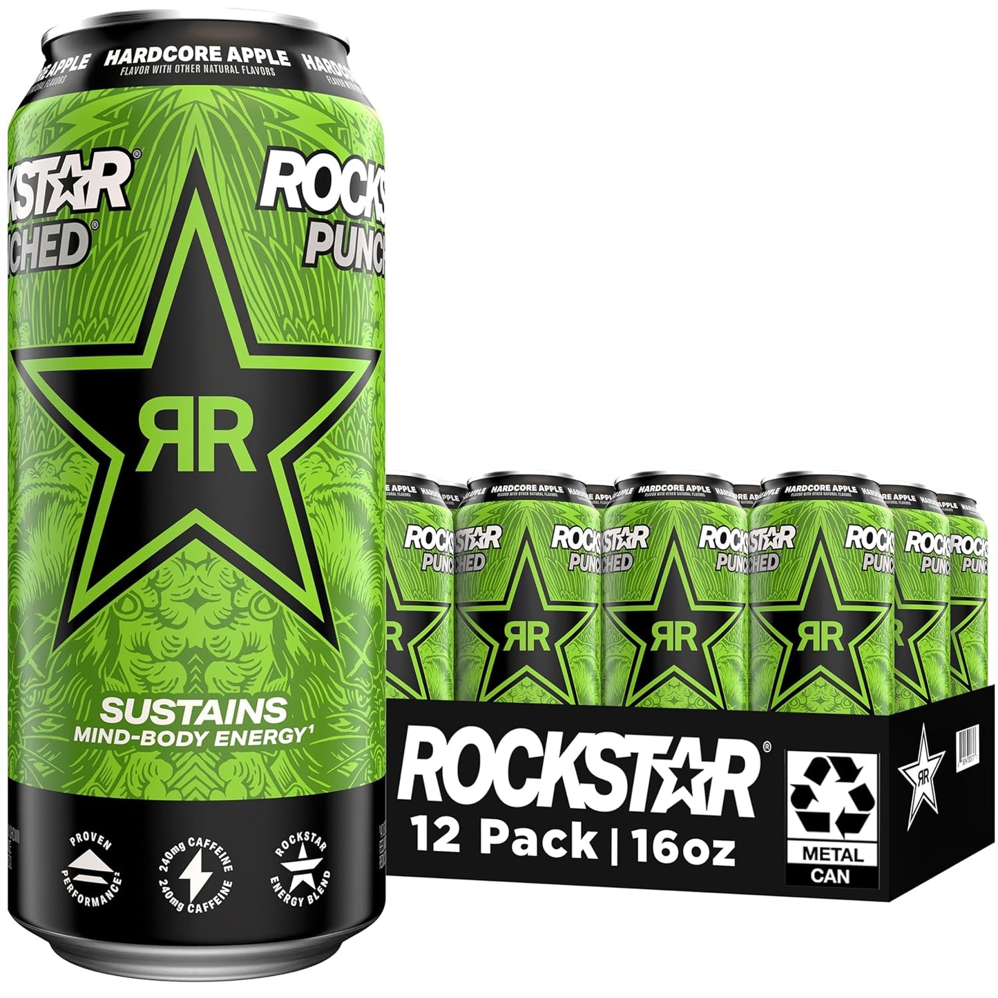 Rockstar Energy Drink with Caffeine Hardcore Apple Electrolytes, Recovery Orange, 16 Fl Oz (Pack of 12)