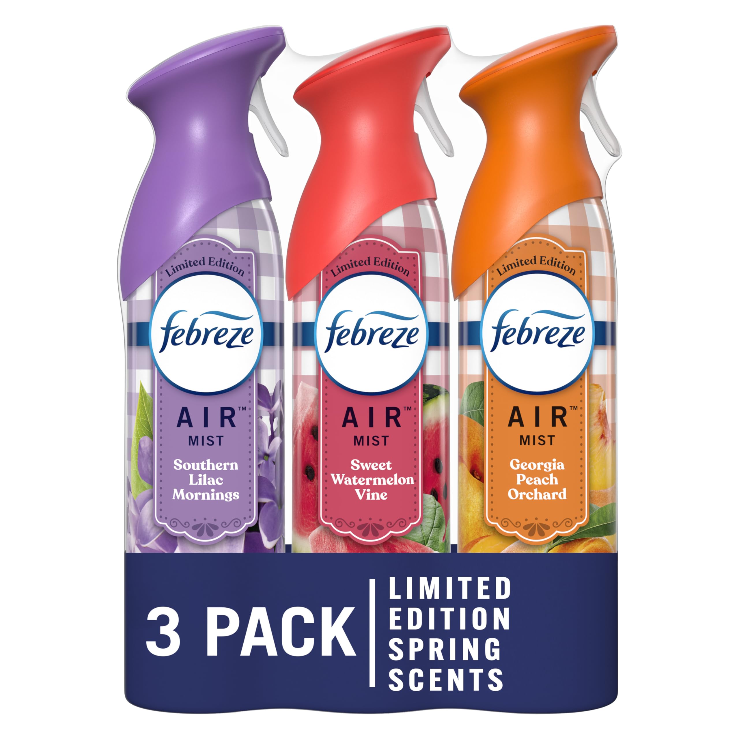 Febreze Air Mist Odor-Fighting Air Freshener Mixed Scent, Southern Lilac Mornings, Georgia Peach Orchard, Sweet Watermelon Vine, 8.8 oz. Aerosol Can, Pack of 3