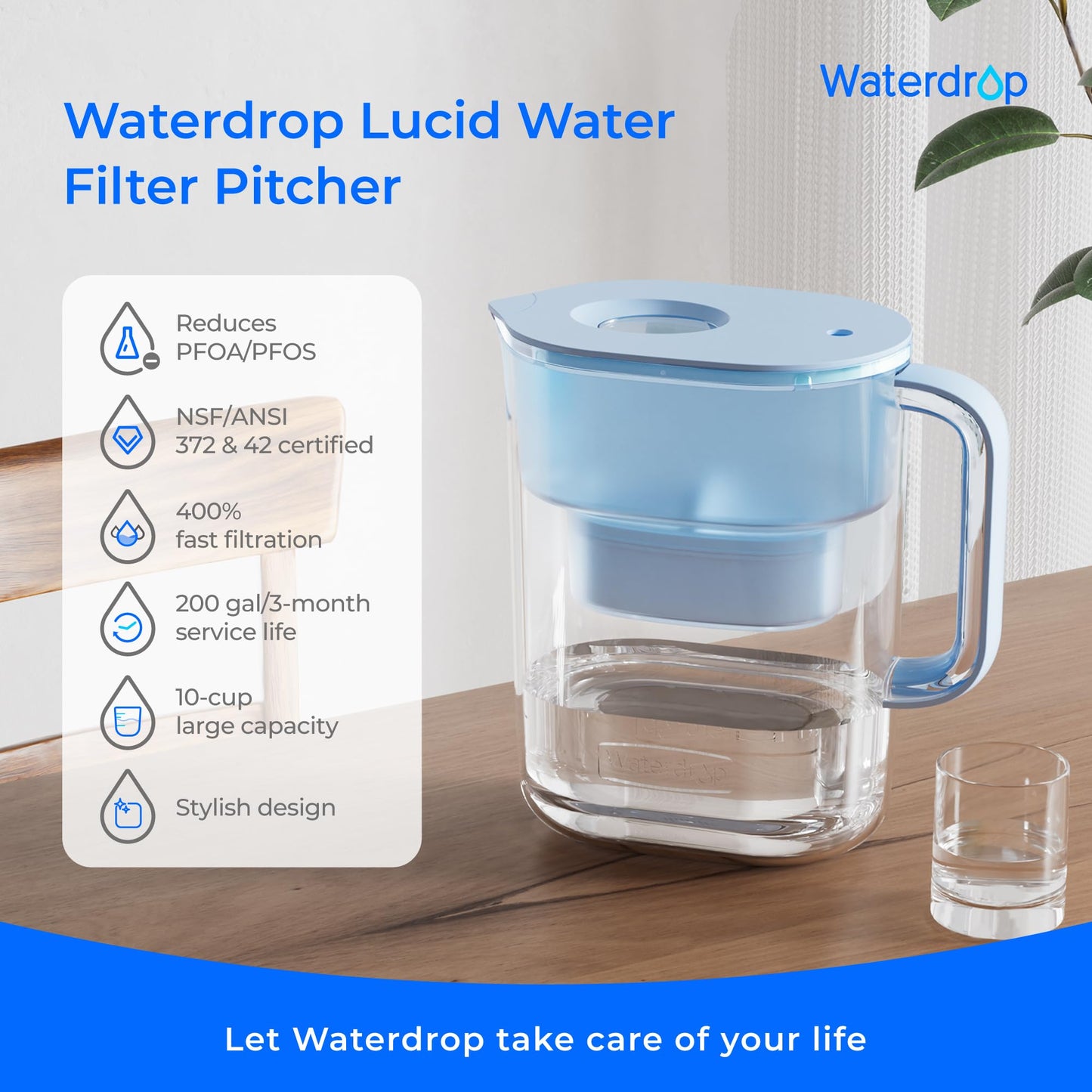 Waterdrop 200-Gallon Long-Life Lucid 10-Cup Water Filter Pitcher, NSF Certified, 5X Times Lifetime, Reduces PFAS, PFOA/PFOS, Chlorine, BPA Free, Blue