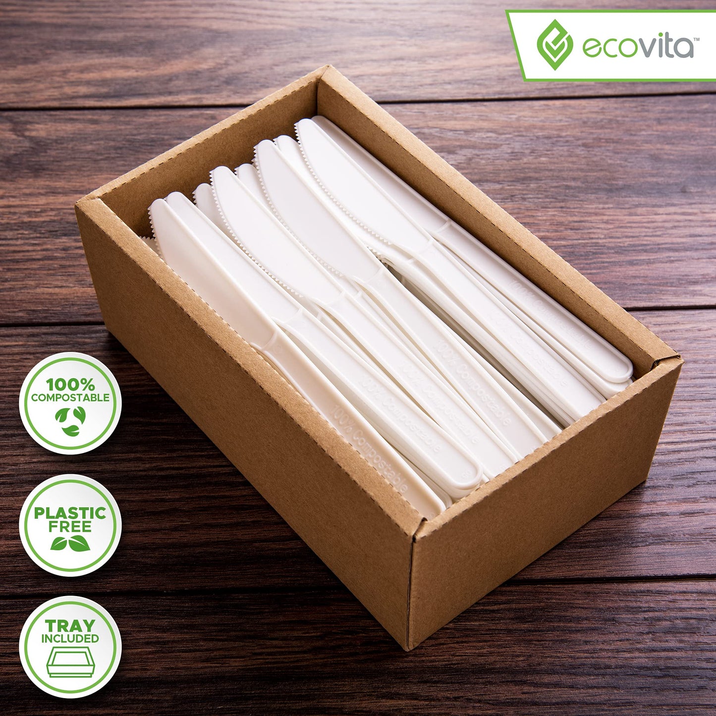 Ecovita 100% Compostable Knives - 140 Large Disposable Utensils (7 in.) Eco Friendly Durable and Heat Resistant Alternative to Plastic Knives with Convenient Tray