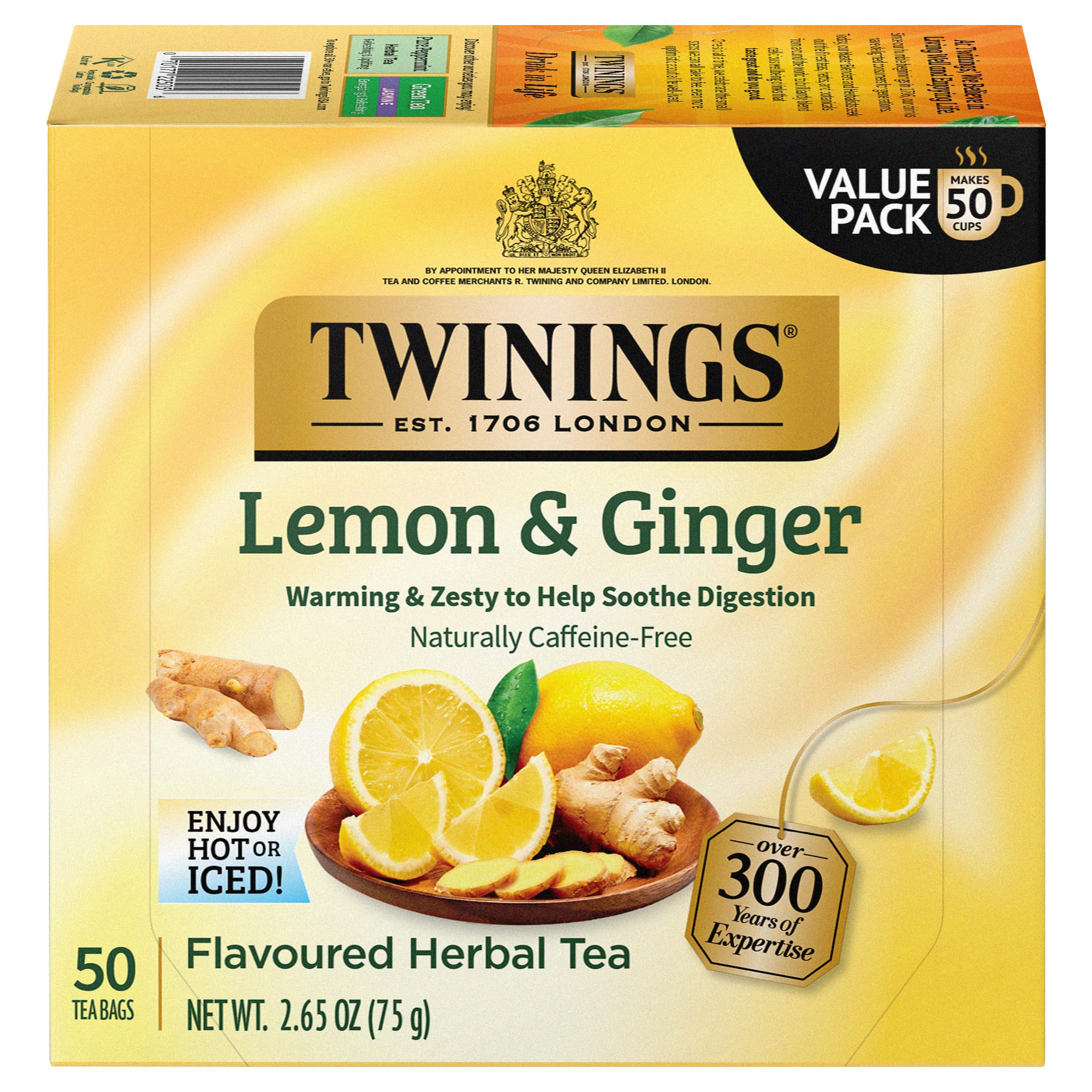 Twinings Lemon & Ginger Herbal Tea, 50 Count (Pack of 6), Individually Wrapped Bags, Tangy Lemon & Spicy Ginger, Decaffeinated, Enjoy Hot or Iced