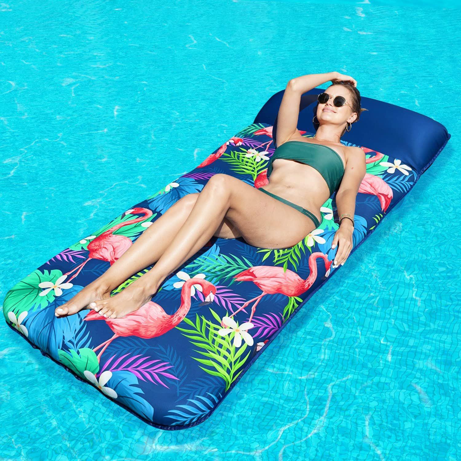 FindUWill Oversized Pool Floats Adults - 72" x38'' X-Large Fabric Covered Tanning Pool Lounger, Inflatable Pool Float with Headrest, Ultra-Comfort Pool Floaties Raft Lake Beach Float(XL, Flamingo)