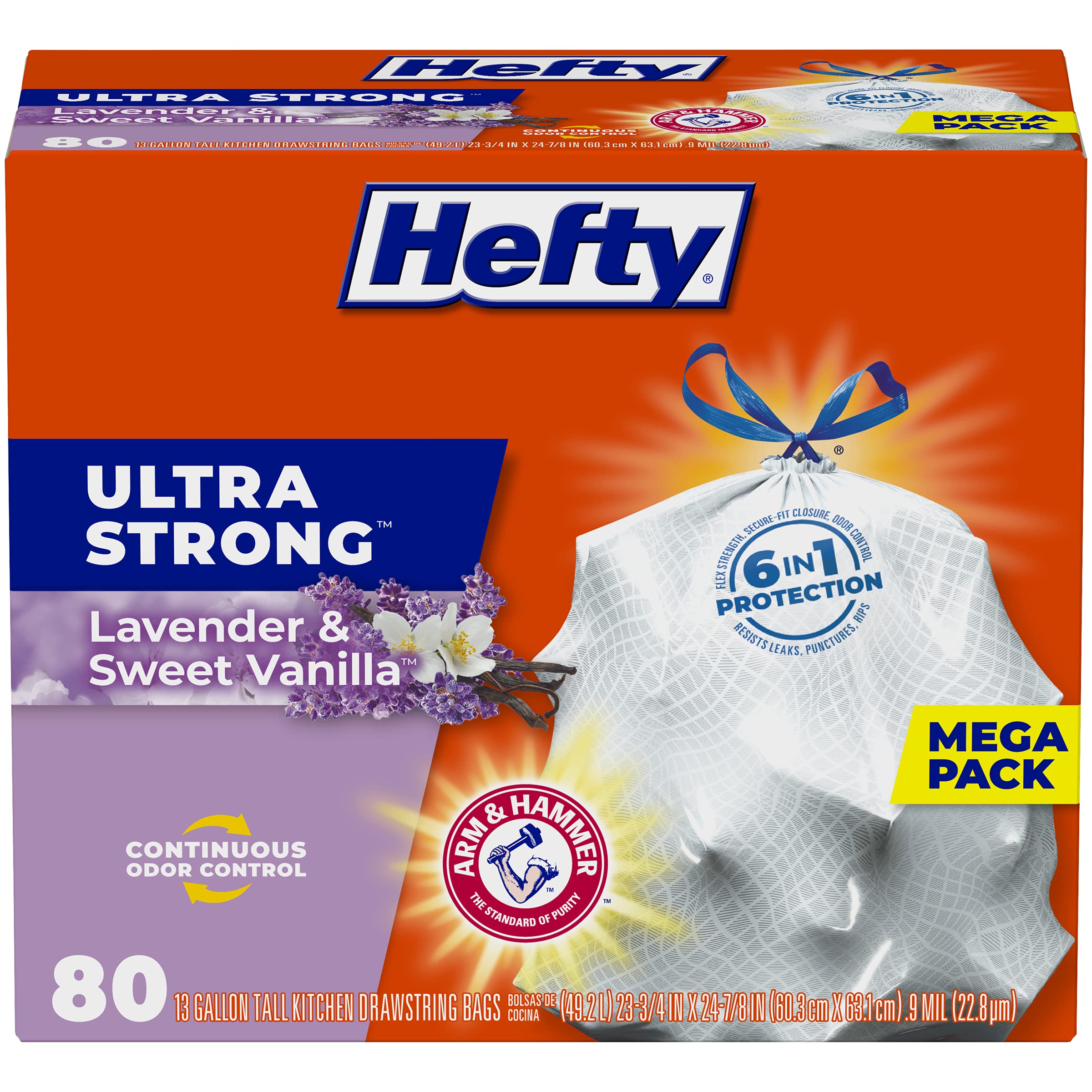 Hefty Ultra Strong 13 Gallon Trash Bags, Tall Kitchen Trash Bags, White, Lavender and Sweet Vanilla Scent, 80 Bags