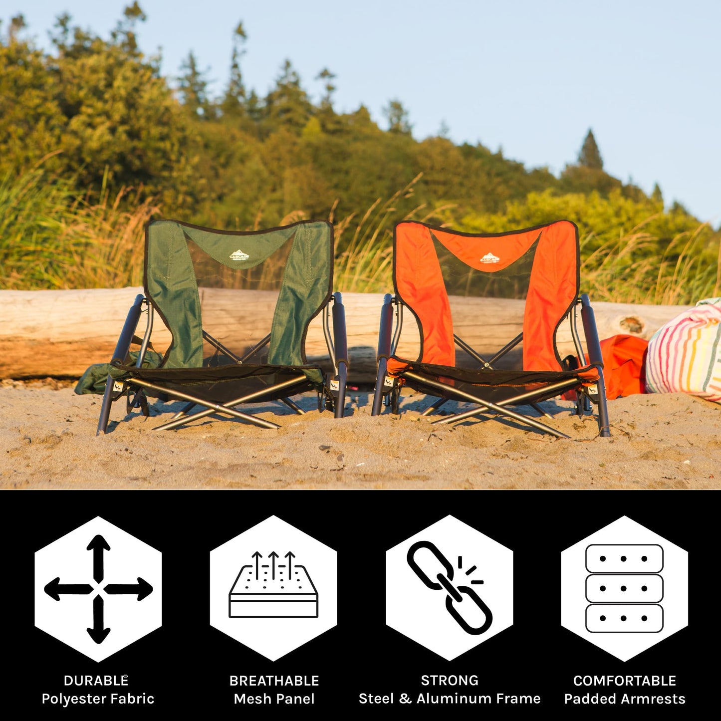 Cascade Mountain Tech Camping Chair - Low Profile Folding Chair for Camping, Beach, Picnic, Barbeques, Sporting Event with Carry Bag , Black