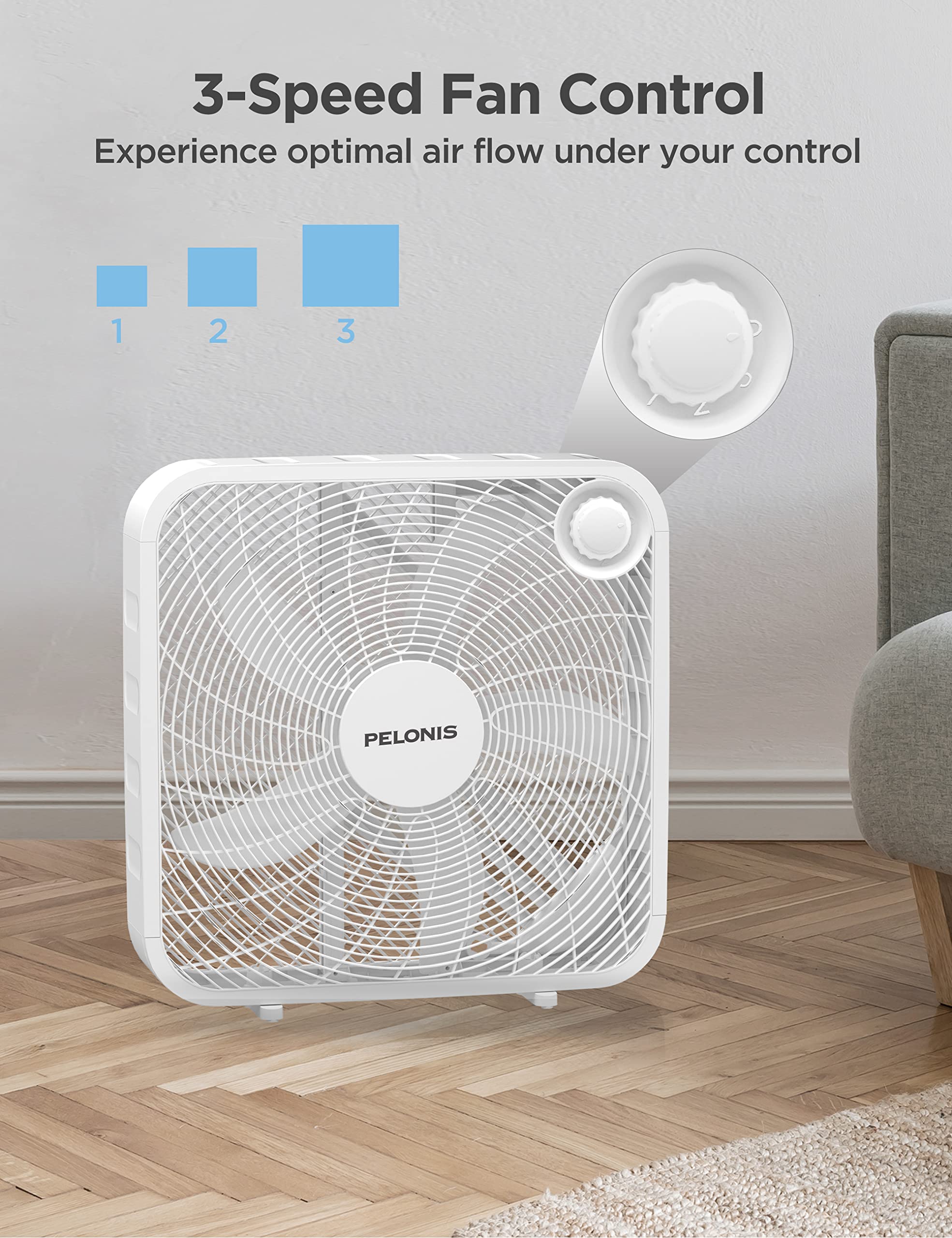PELONIS 3-Speed Box Fan for Full-Force Circulation with Air Conditioner, White - Thumbnail 2