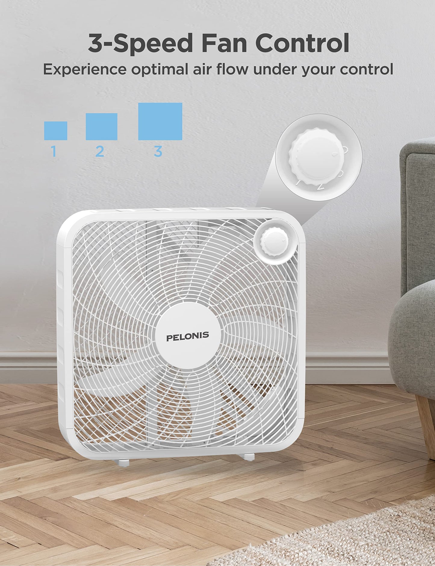 PELONIS 3-Speed Box Fan for Full-Force Circulation with Air Conditioner, White