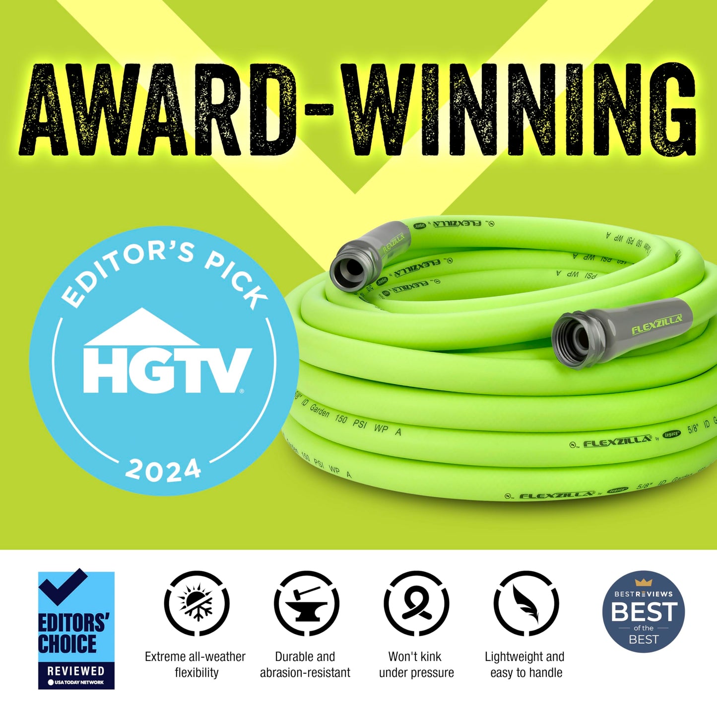 Flexzilla Garden Hose 5/8 in. x 50 ft, Heavy Duty, Lightweight, Drinking Water Safe, ZillaGreen - HFZG550YW-E