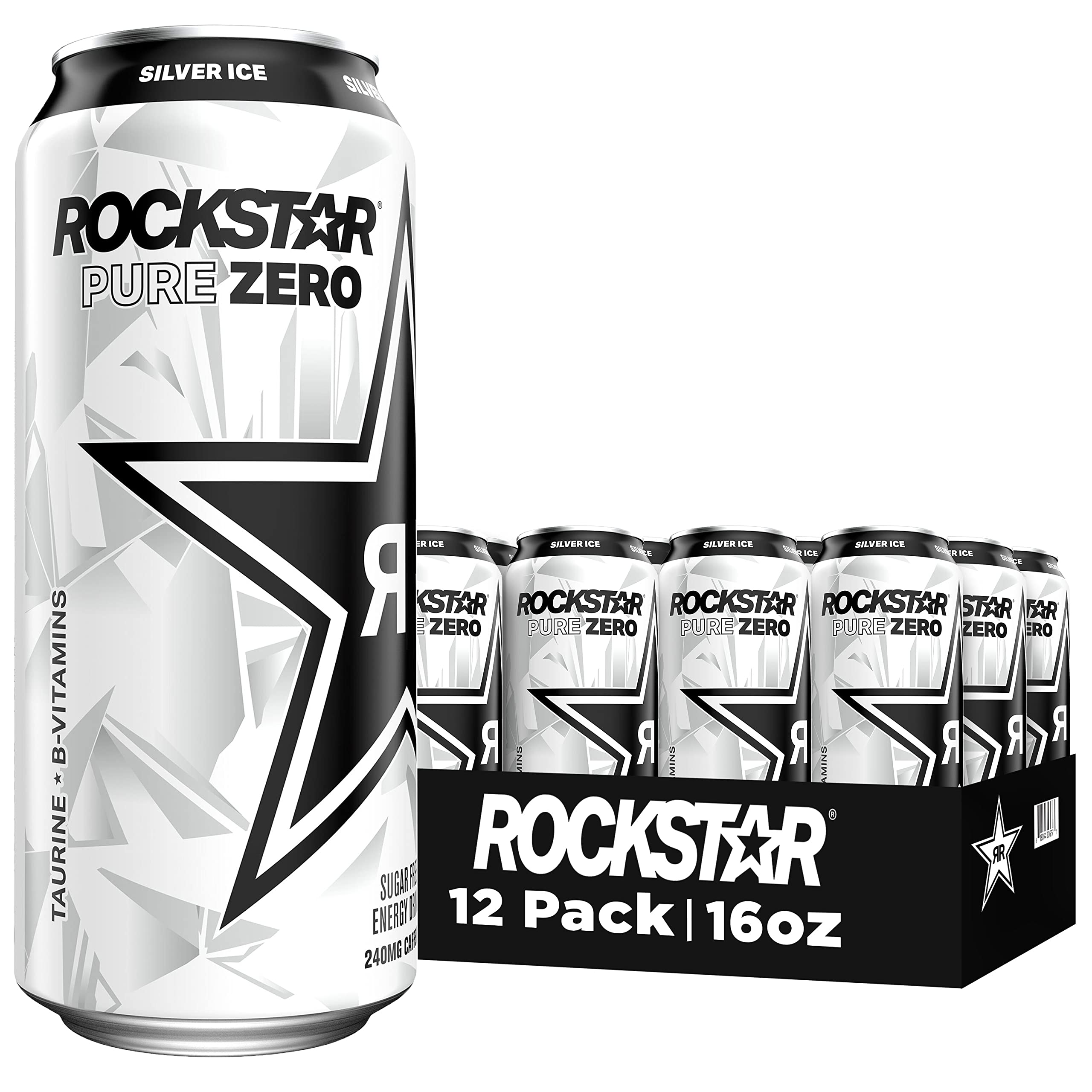 Rockstar Pure Zero Energy Drink, Silver Ice, 0 Sugar, with Caffeine and Taurine, 16oz Cans (Pack of 12) (Packaging May Vary)