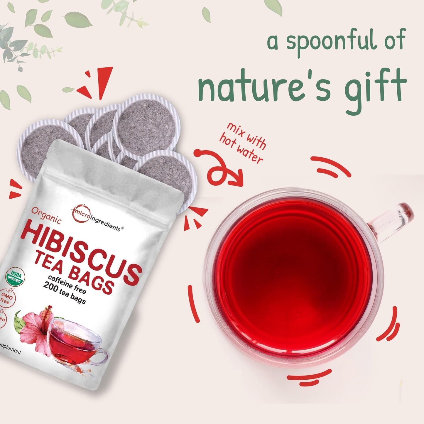 Micro Ingredients Organic Hibiscus Tea Bags, 200 Count | Premium Source for Herbal Tea | Eco-Friendly Hemp Paper Tea Bags | Caffeine Free, Non-GMO, No Sugar