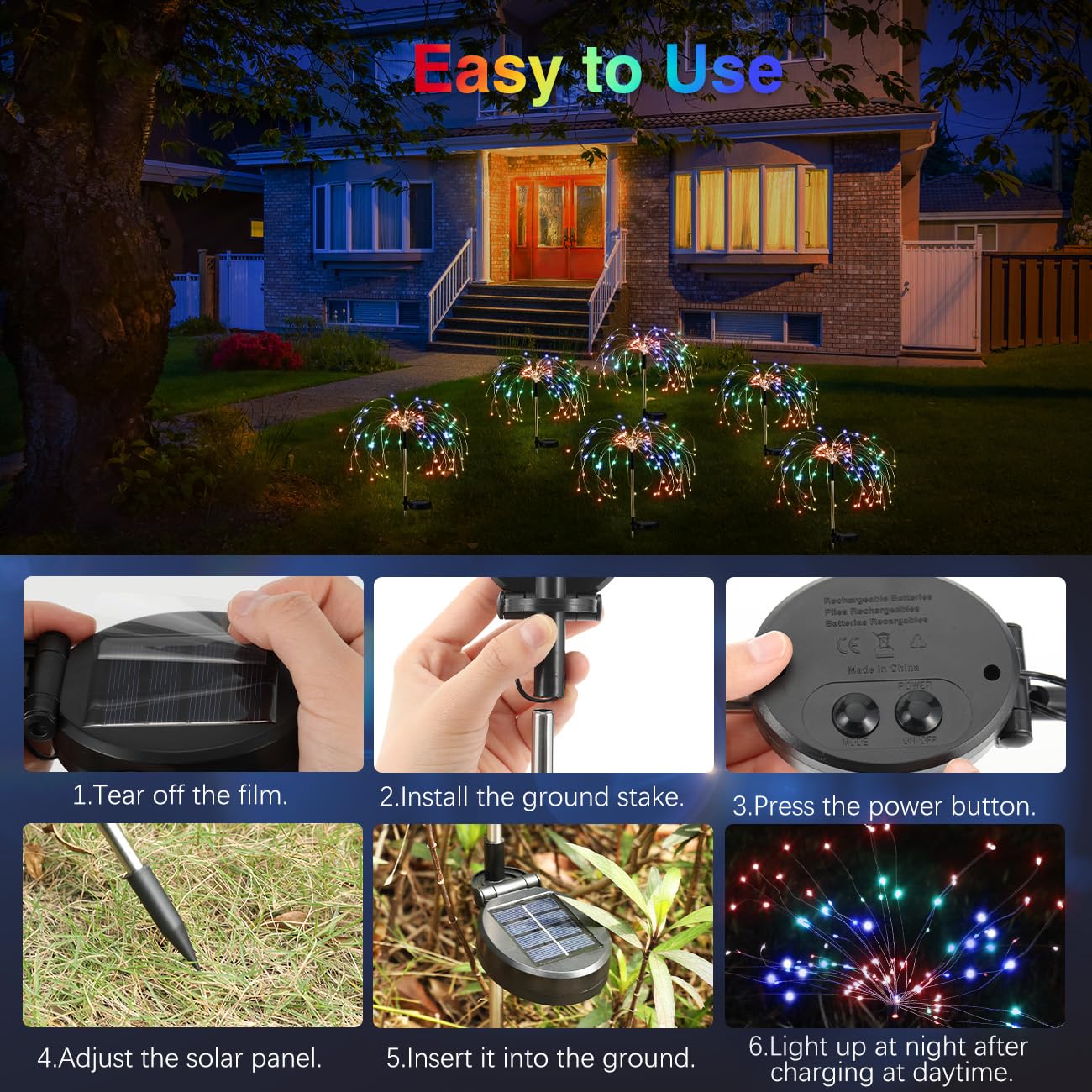 Lewondr Firework Solar Garden Lights, 120 LED Solar Firework Lights with 8 Lighting Modes, Waterproof Sparkler Starburst Solar Lights Outdoor for Yard Porch Patio Backyard Christmas Decor Gift, 4 Pack