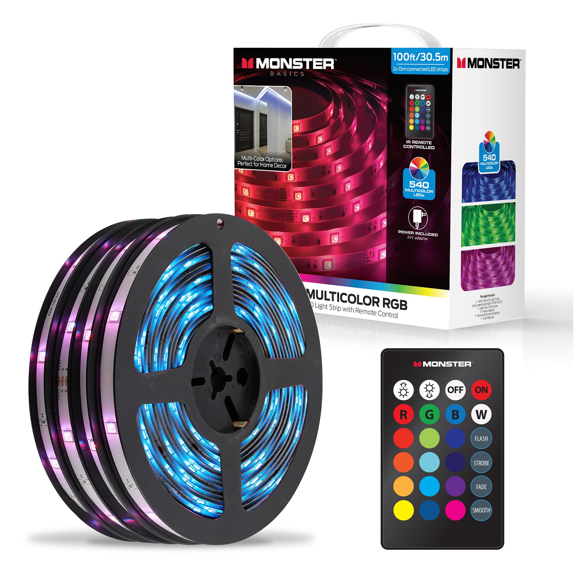 Monster 100ft Multicolor RGB LED Light Strip, Customizable Indoor with Remote Control, Adhesive Backing