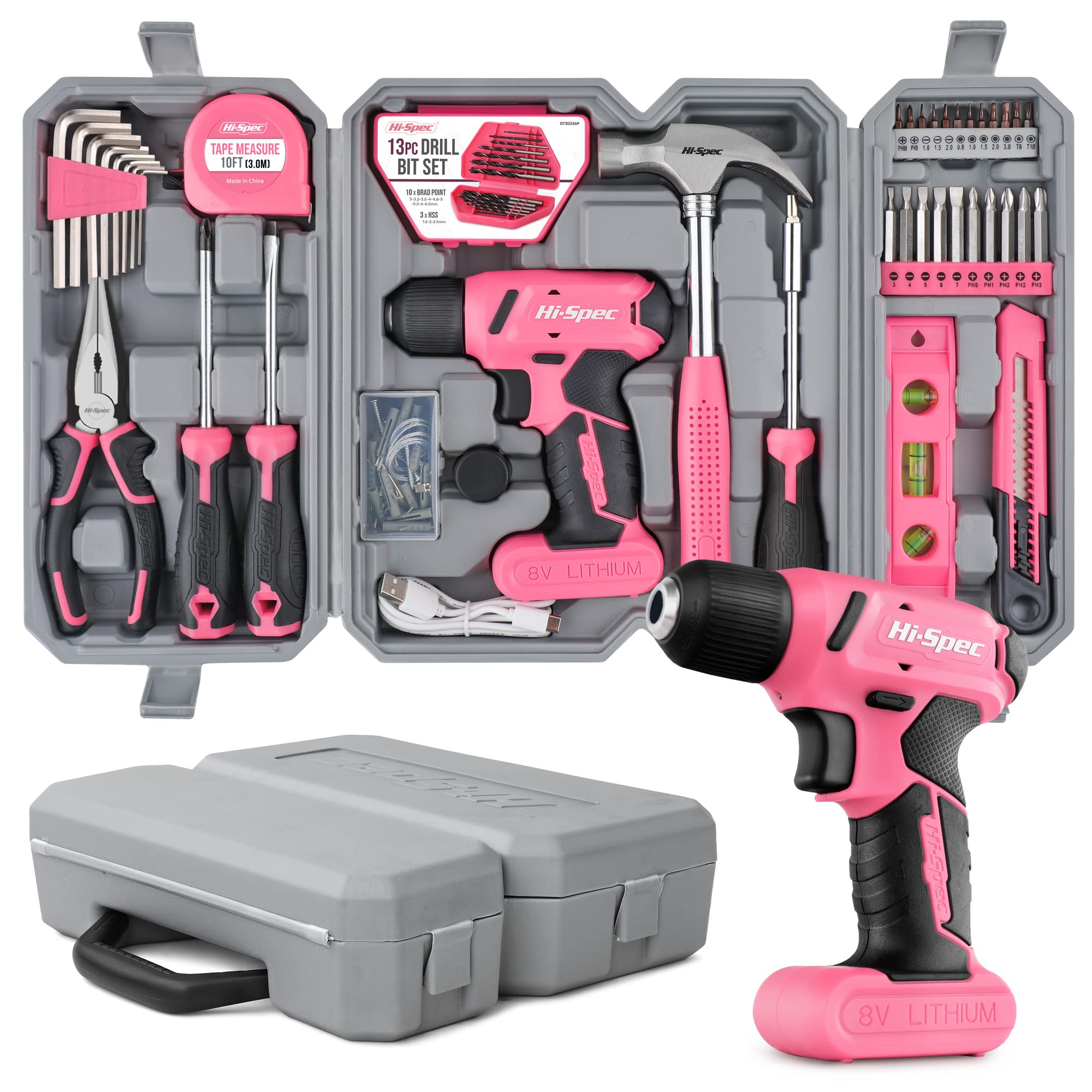 Hi-Spec Drill Set 58pc Pink Tool Set 8V USB Electric Drill Driver & Household Tool Kit. DIY Cordless Power Screwdriver