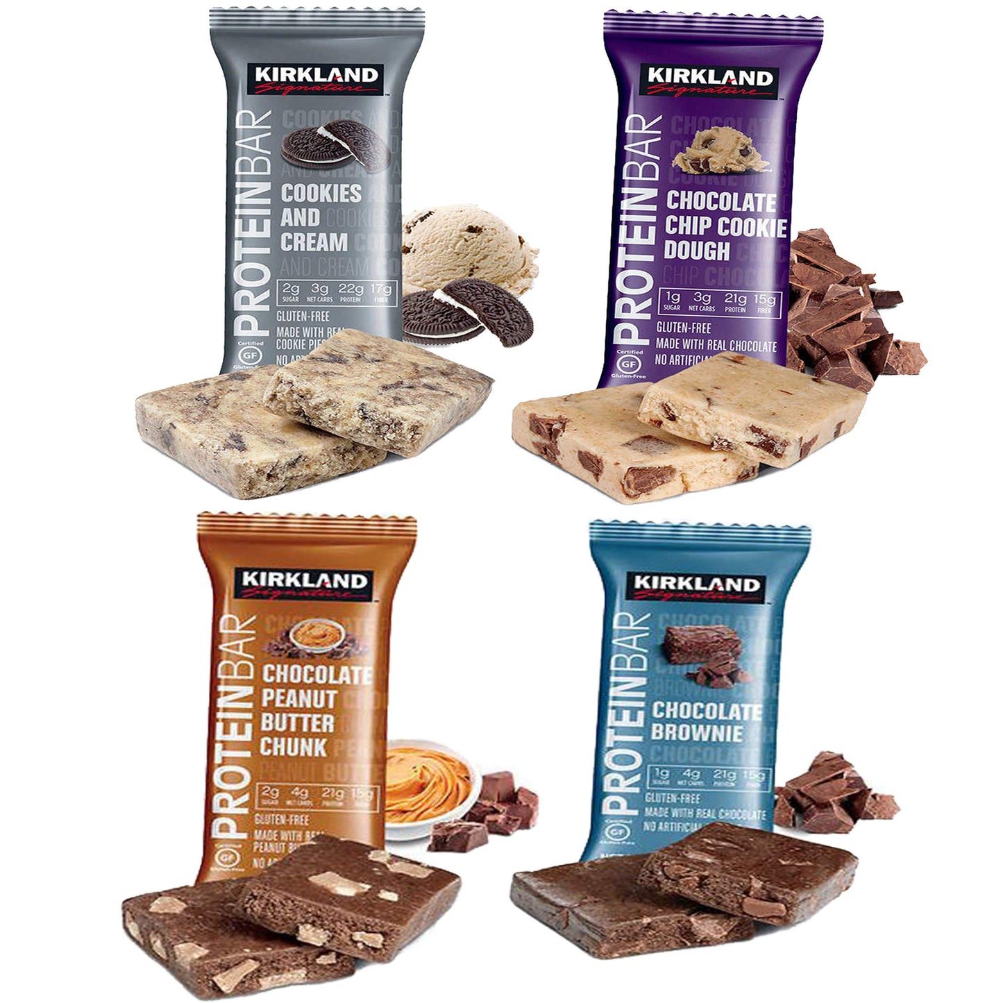 Kirkland Signature Protein Bars Variety Pack (20 Count) 5 of Each, All 4 Flavors - Chocolate Chip Cookie Dough, Chocolate Peanut Butter Chunk, Chocolate Brownie, and Cookies & Cream 2.12oz