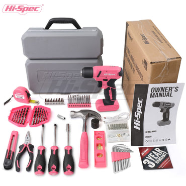 Hi-Spec Drill Set 58pc Pink Tool Set 8V USB Electric Drill Driver & Household Tool Kit. DIY Cordless Power Screwdriver
