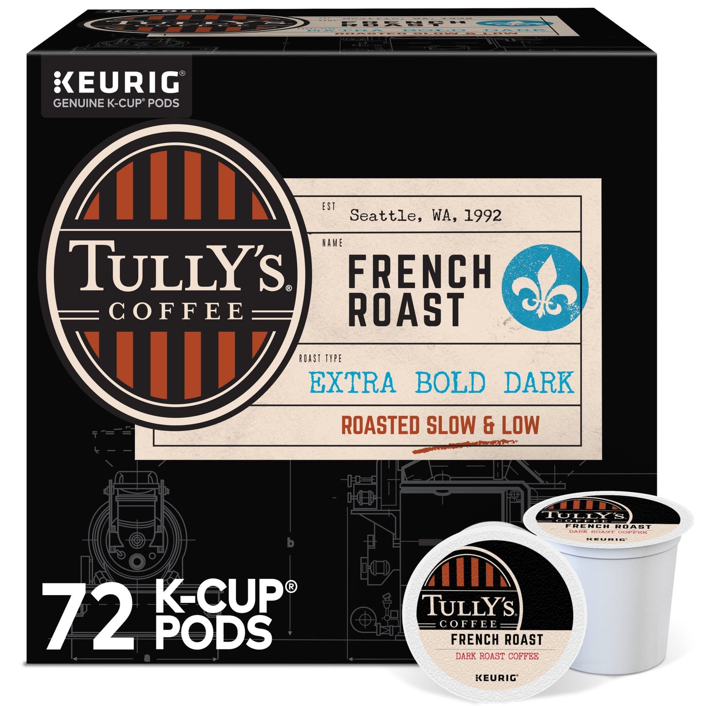 Tully's Coffee French Roast Keurig Single-Serve K-Cup Pods, Dark Roast Coffee, 72 Count (6 Packs of 12)