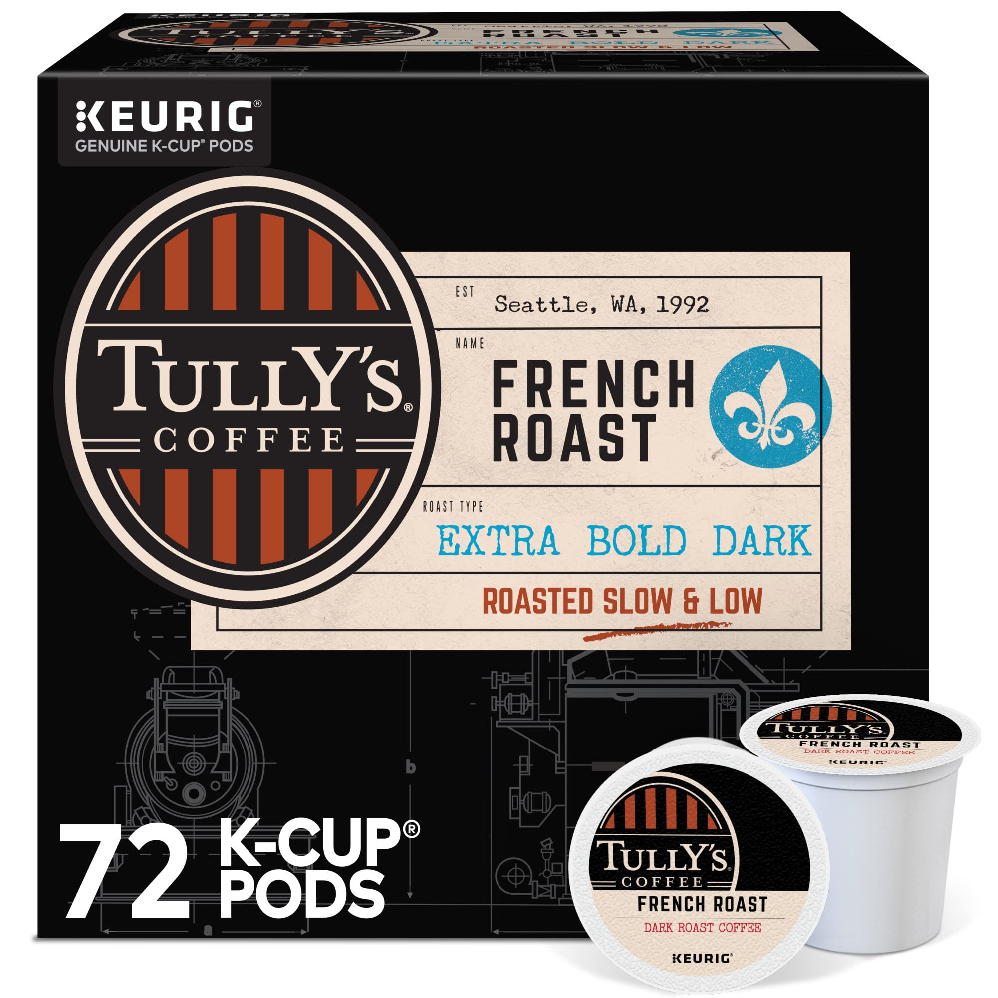 Tully's Coffee French Roast Keurig Single-Serve K-Cup Pods, Dark Roast Coffee, 72 Count (6 Packs of 12)