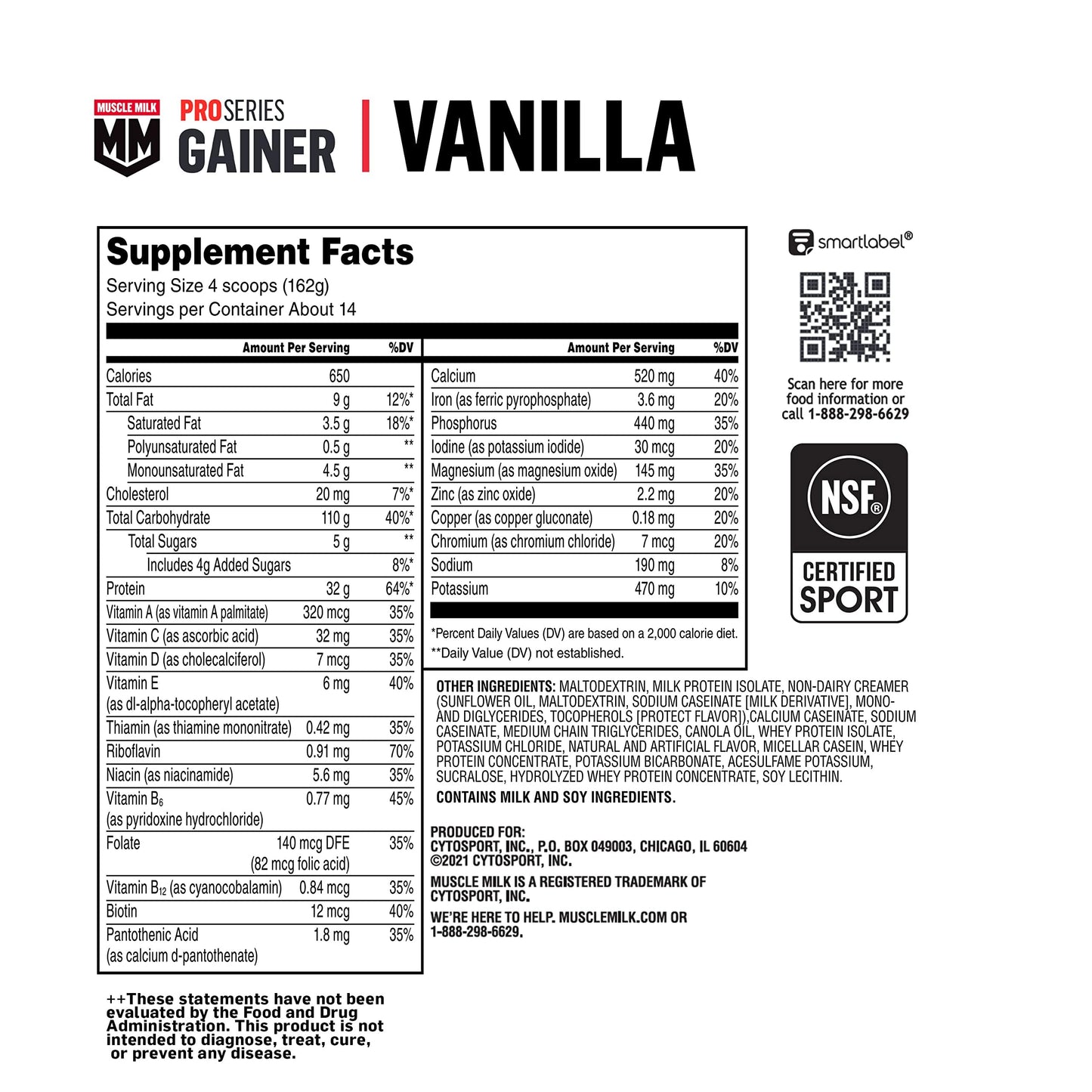 Muscle Milk Gainer Protein Powder, Vanilla Creme, 32g Protein, 5 Pound