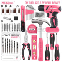 Hi-Spec Drill Set 58pc Pink Tool Set 8V USB Electric Drill Driver & Household Tool Kit. DIY Cordless Power Screwdriver