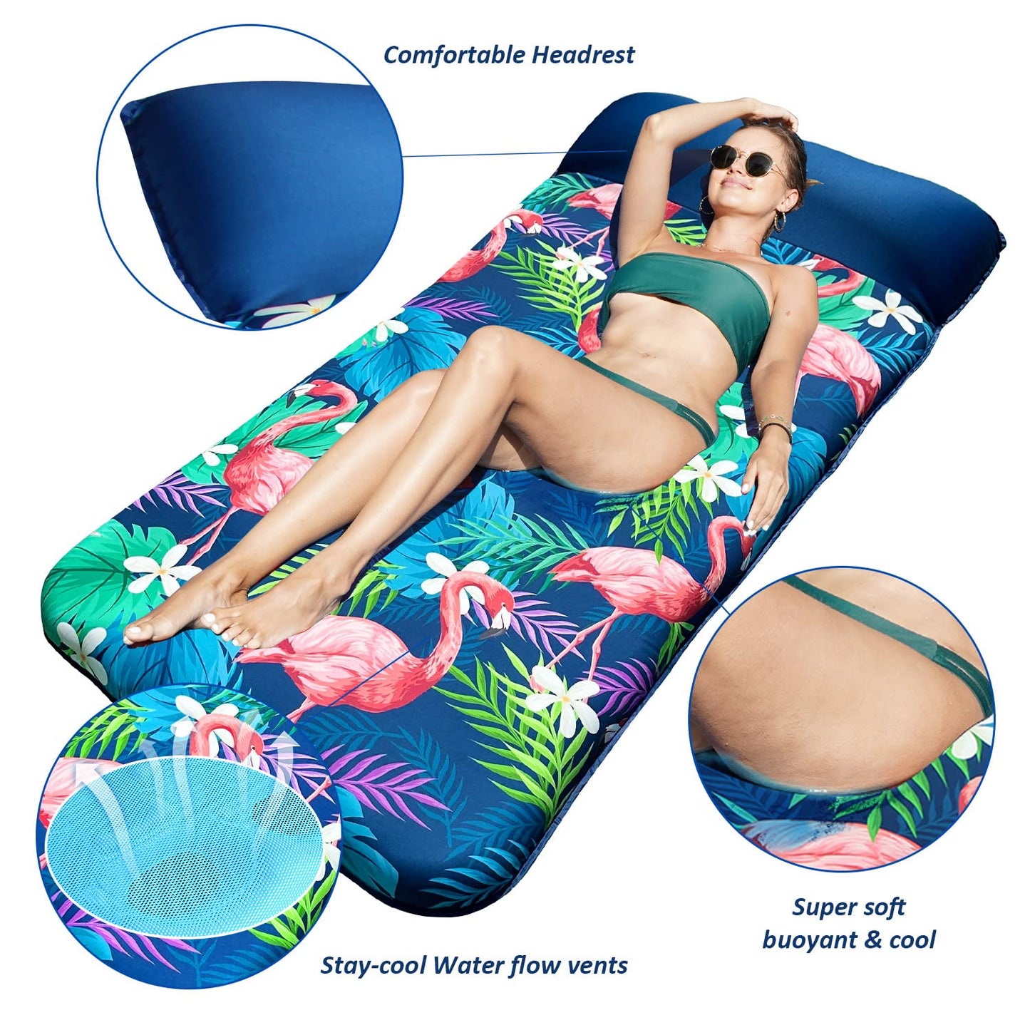 FindUWill Oversized Pool Floats Adults - 72" x38'' X-Large Fabric Covered Tanning Pool Lounger, Inflatable Pool Float with Headrest, Ultra-Comfort Pool Floaties Raft Lake Beach Float(XL, Flamingo)