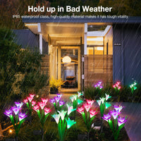 KOOPER Outdoor Solar Lights, 4 Pack Solar Garden Lights with Bigger Lily Flowers, Waterproof 7 Color Changing Solar Lights Outdoor - Bigger Solar Panel for Outdoor Patio Yard Garden Decoration