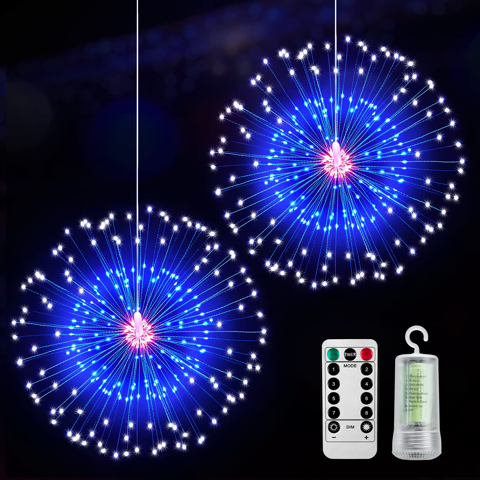 4th of July Decorations Firework Lights - 2 Pack 360 LED Patriotic Lights Battery Operated with 8 Modes Timer Remote, Waterproof Starburst Lights for Independence Day Memorial Day, Red White Blue