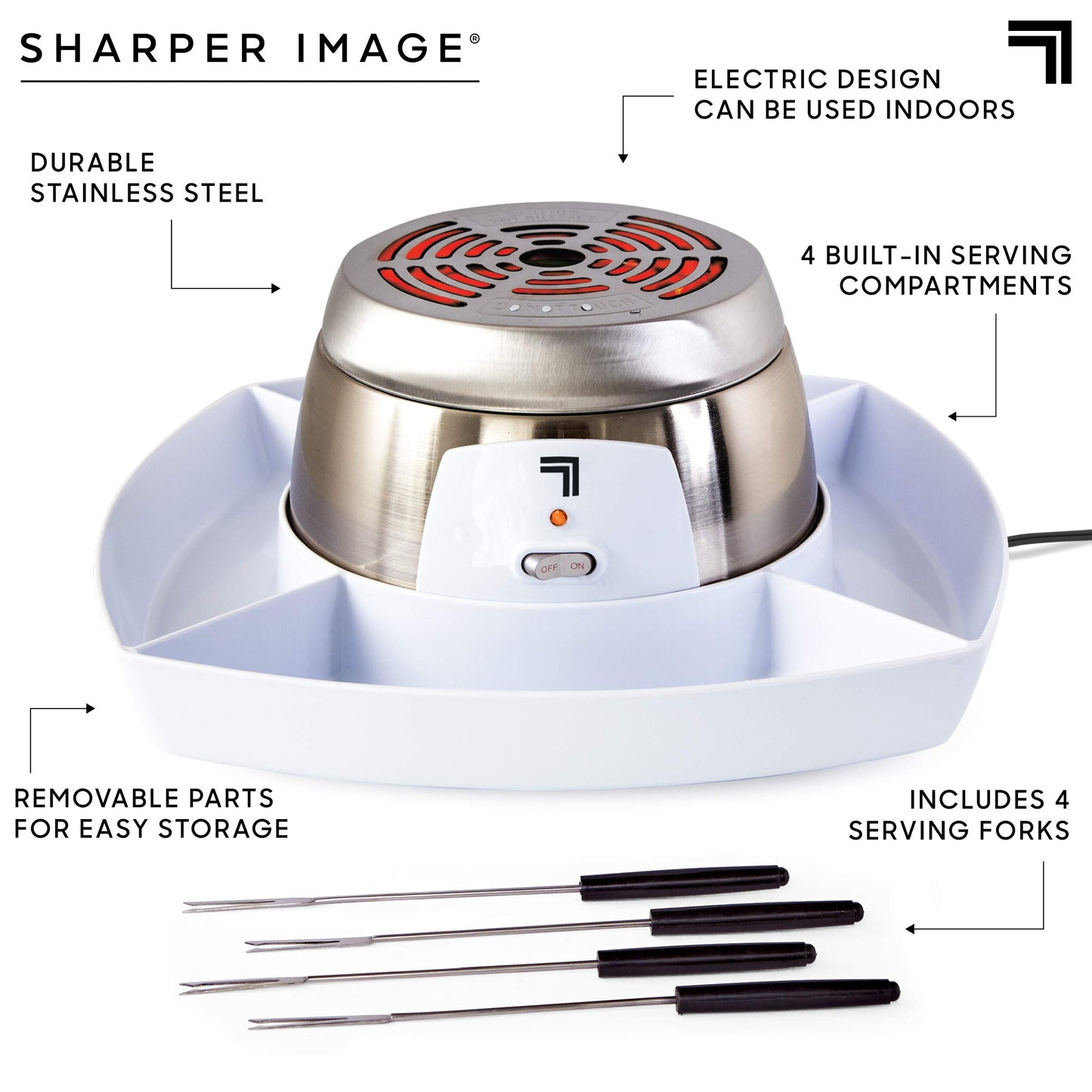 SHARPER IMAGE Electric Tabletop S'mores Maker for Indoors, 6-Piece Set, Includes 4 Skewers & 4 Serving Compartments, Easy Cleaning & Storage, Tabletop Marshmallow Roaster, Family Fun For Kids Adults