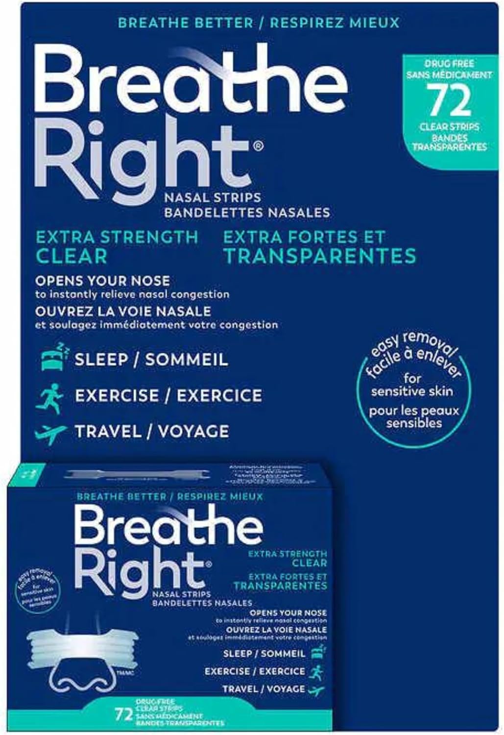 Breathe Right Nasal Strips, Extra Clear for Sensitive Skin, 72 Clear Strips