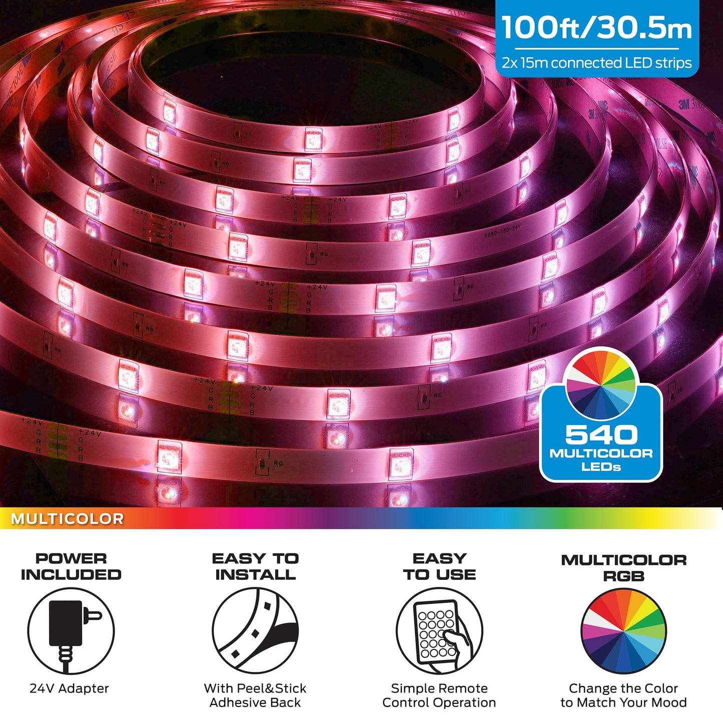 Monster 100ft Multicolor RGB LED Light Strip, Customizable Indoor with Remote Control, Adhesive Backing